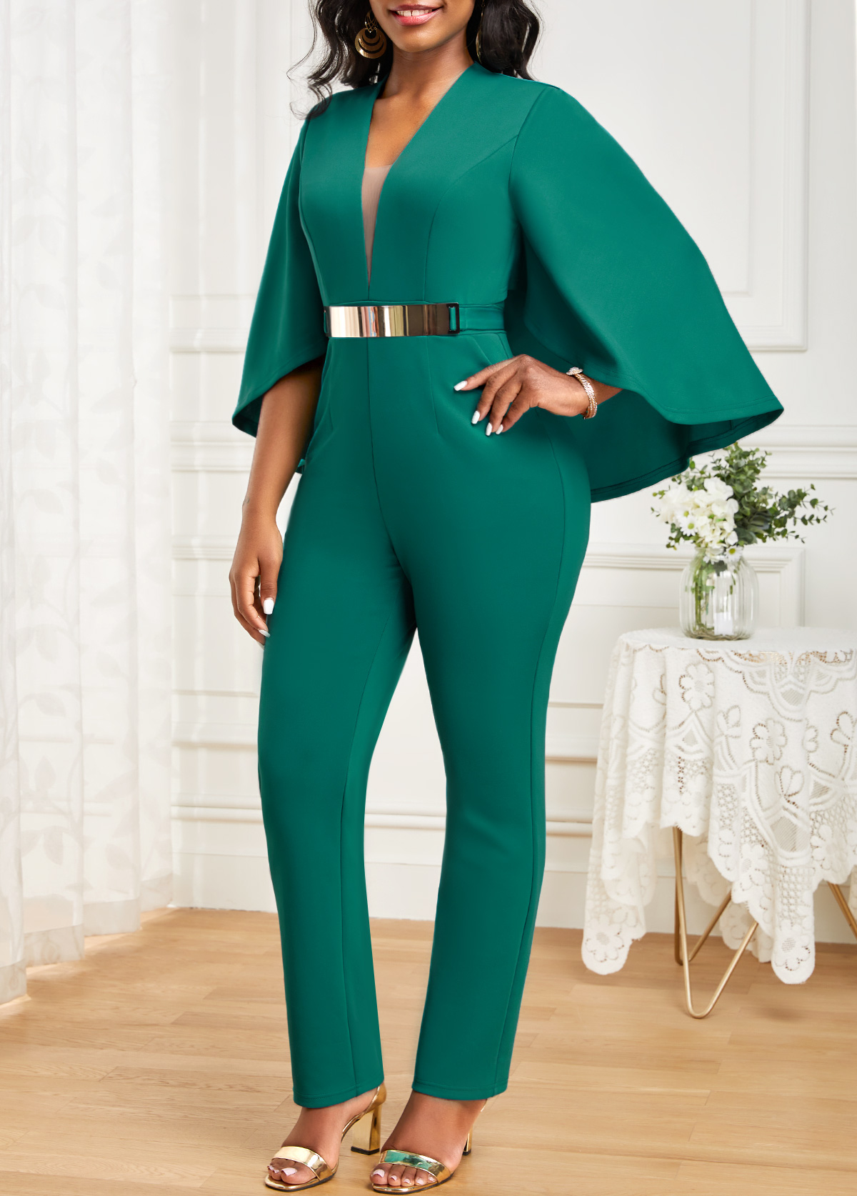 Green Pocket Ankle Length Half Sleeve Jumpsuit