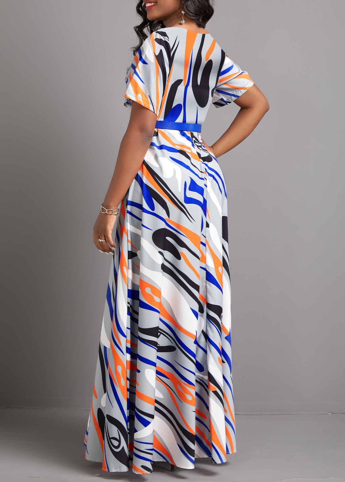 Multi Color Zipper Geometric Print Maxi Dress
