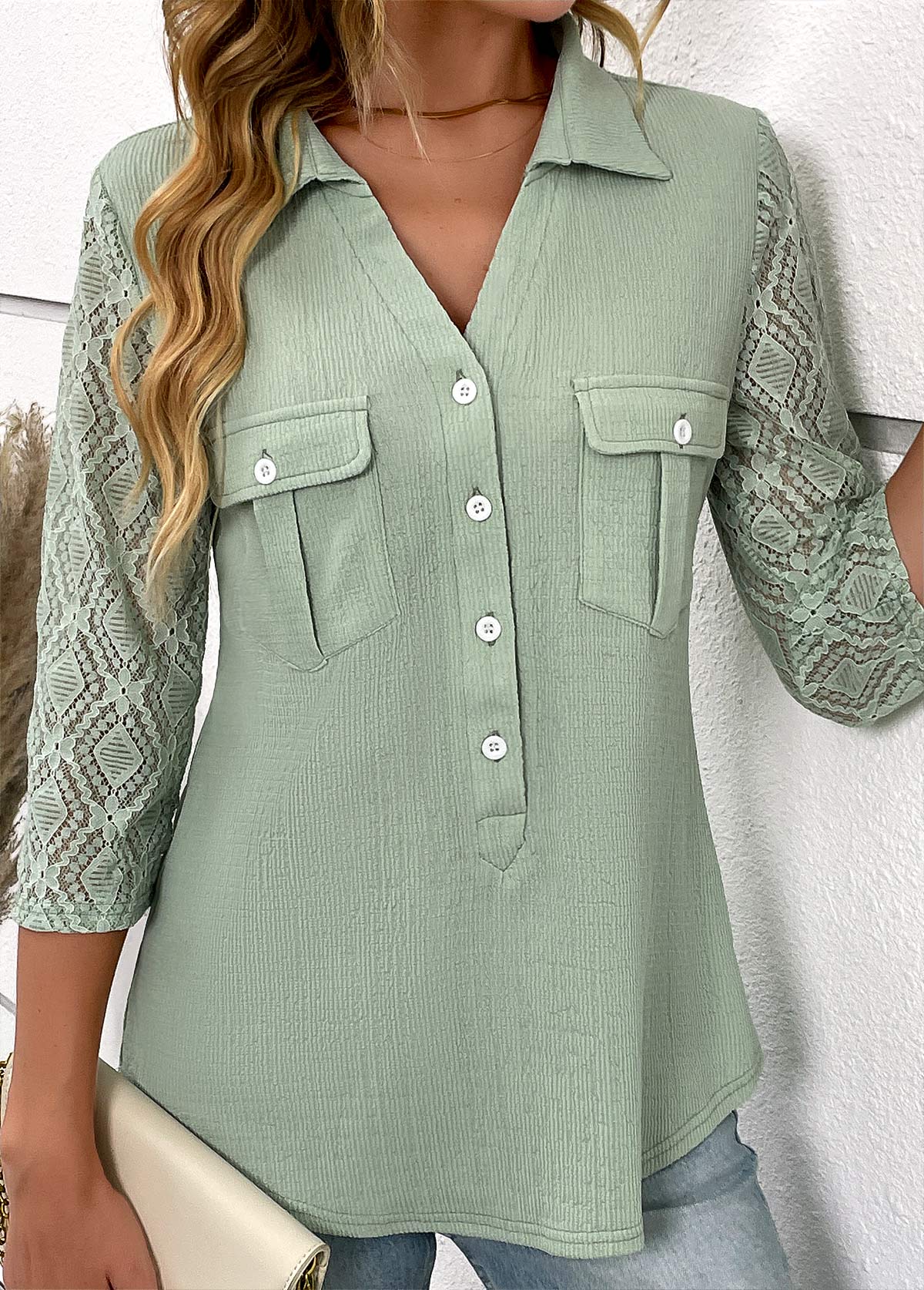 Sage Green Patchwork Three Quarter Length Sleeve Blouse | picture 