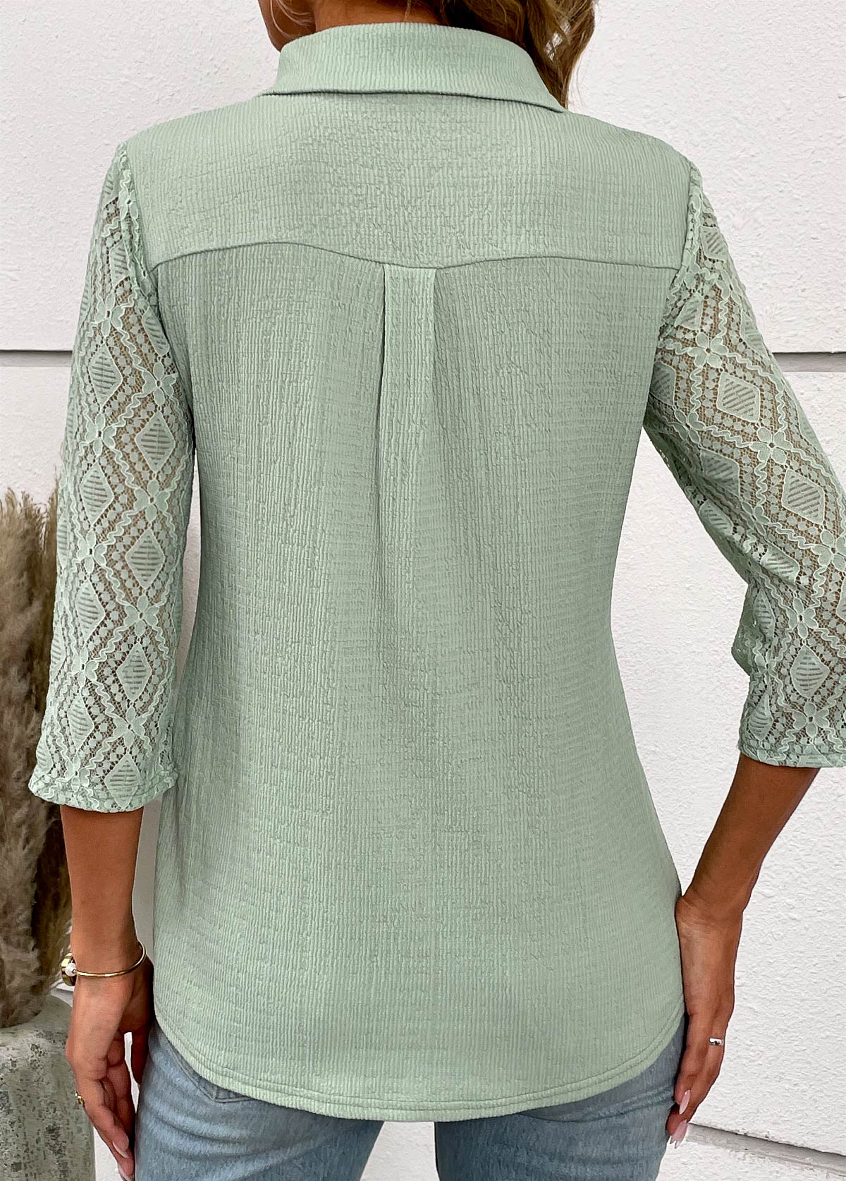 Sage Green Patchwork Three Quarter Length Sleeve Blouse | picture 