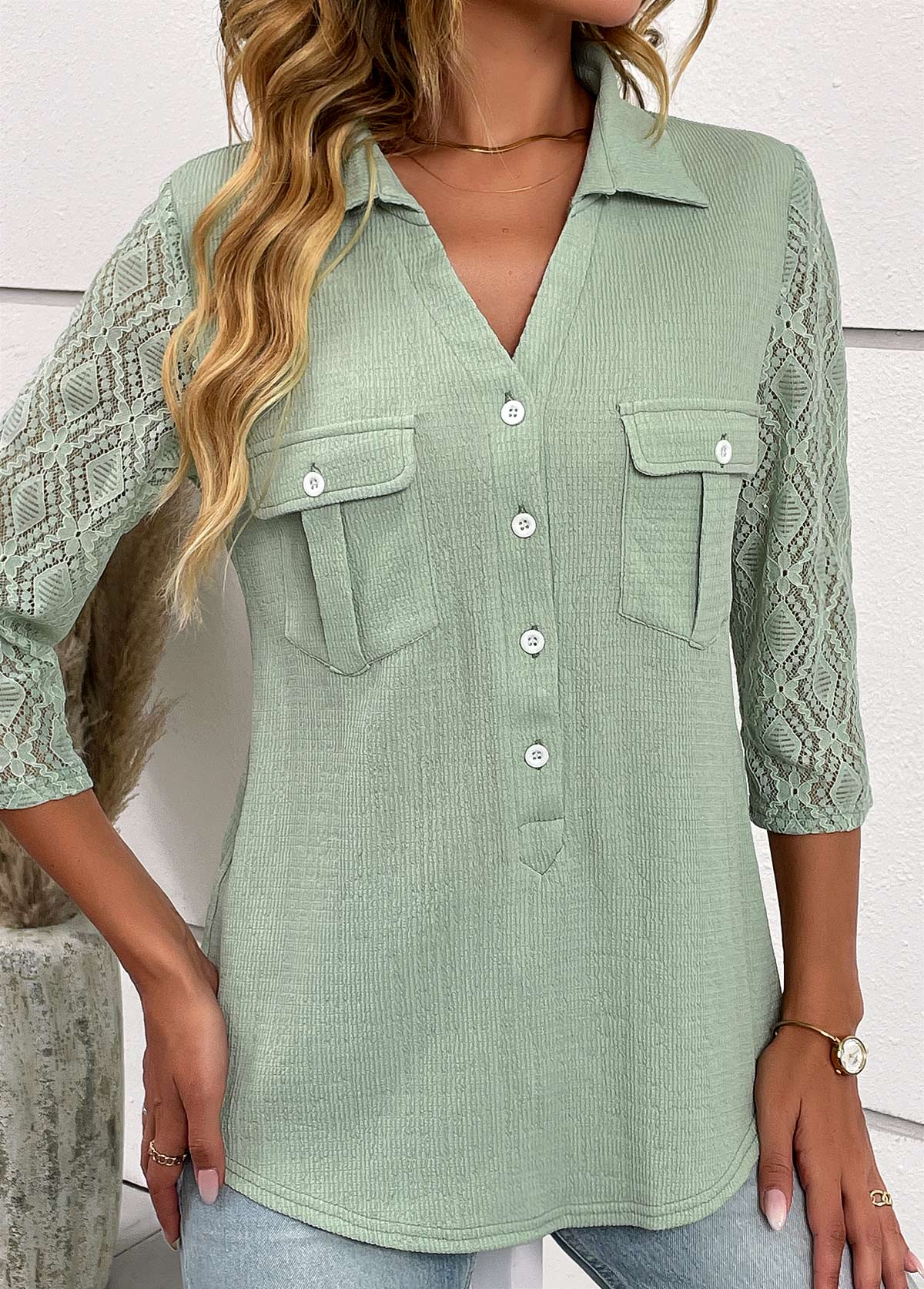 Sage Green Patchwork Three Quarter Length Sleeve Blouse | picture 