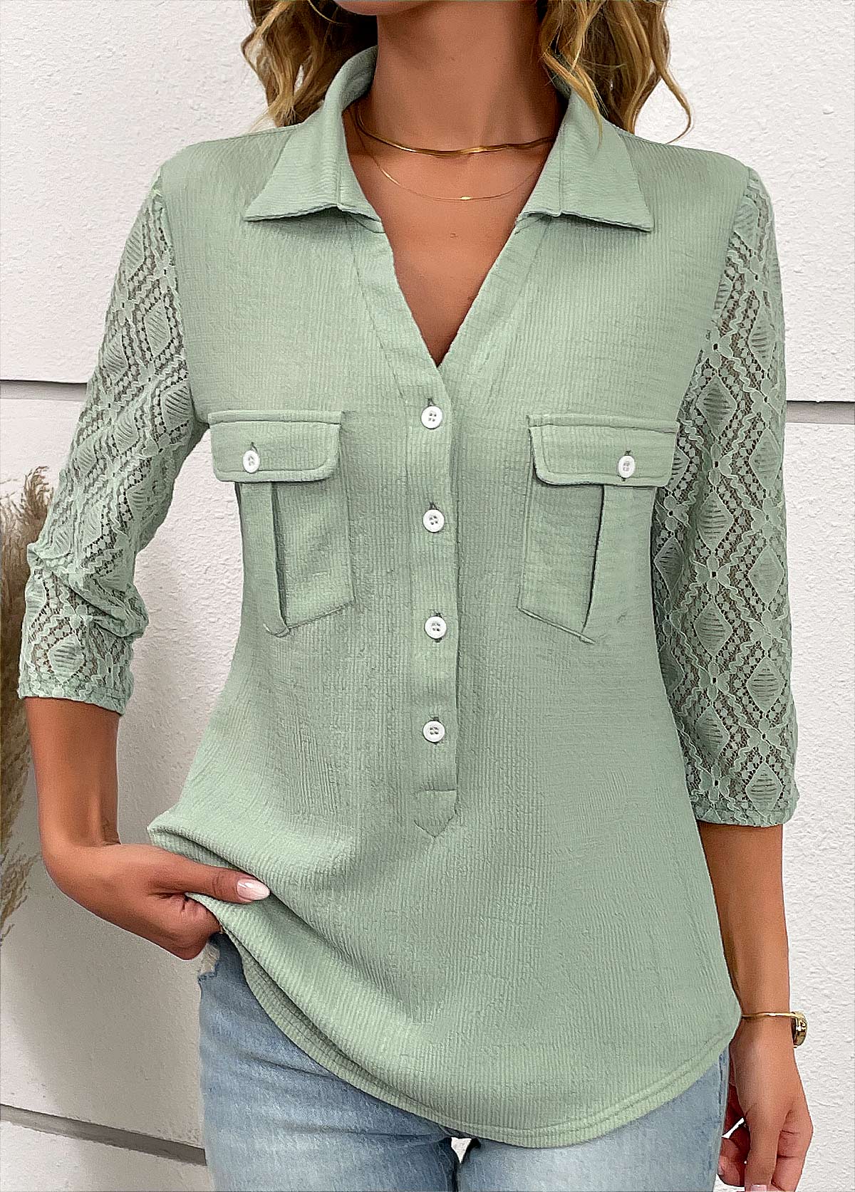 Sage Green Patchwork Three Quarter Length Sleeve Blouse | picture 