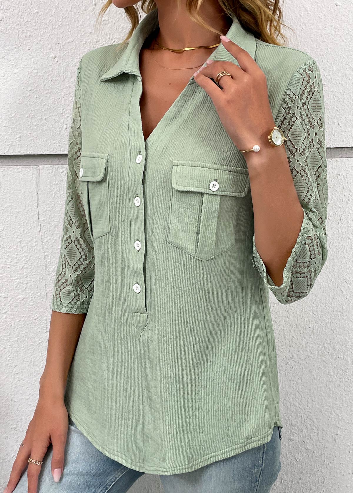 Sage Green Patchwork Three Quarter Length Sleeve Blouse | picture 