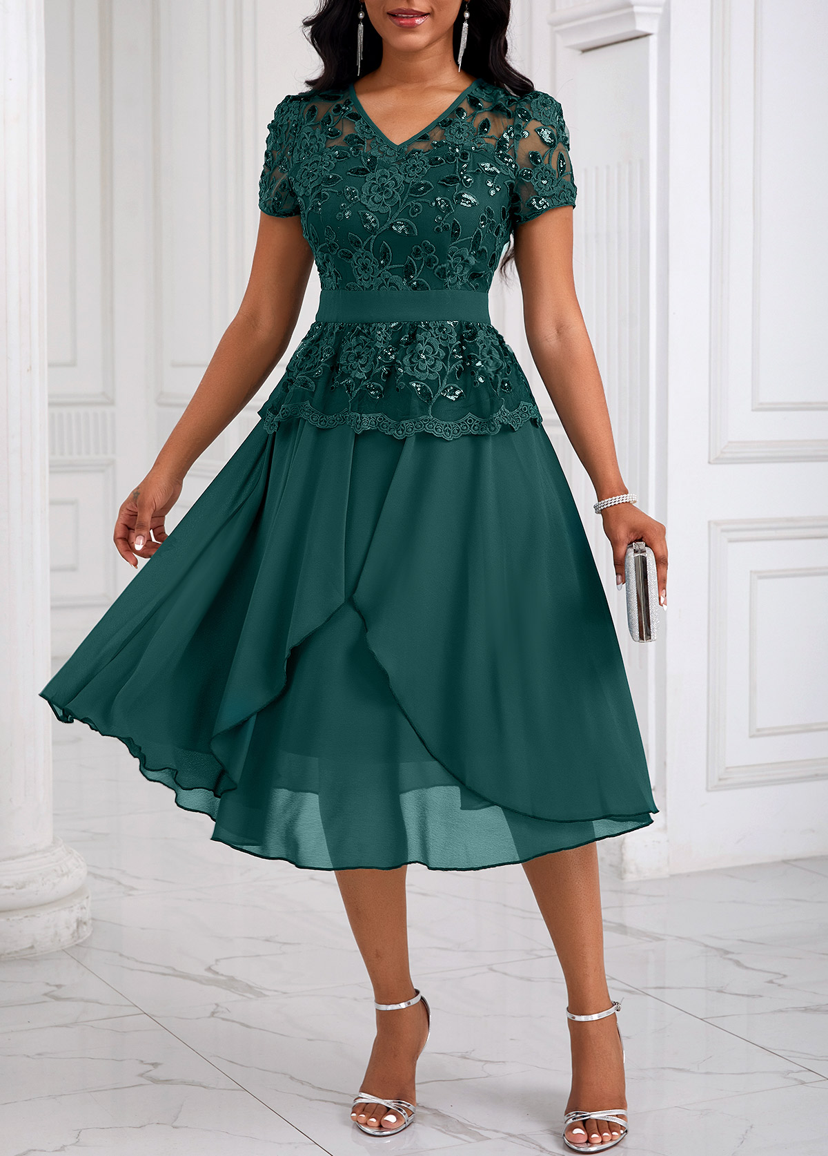 Blackish Green Lace Patchwork Short Sleeve Dress