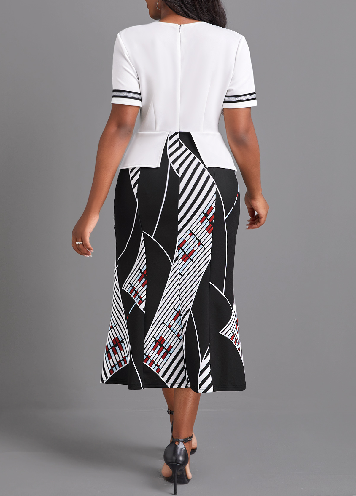 White Contrast Binding Geometric Print Bodycon Dress