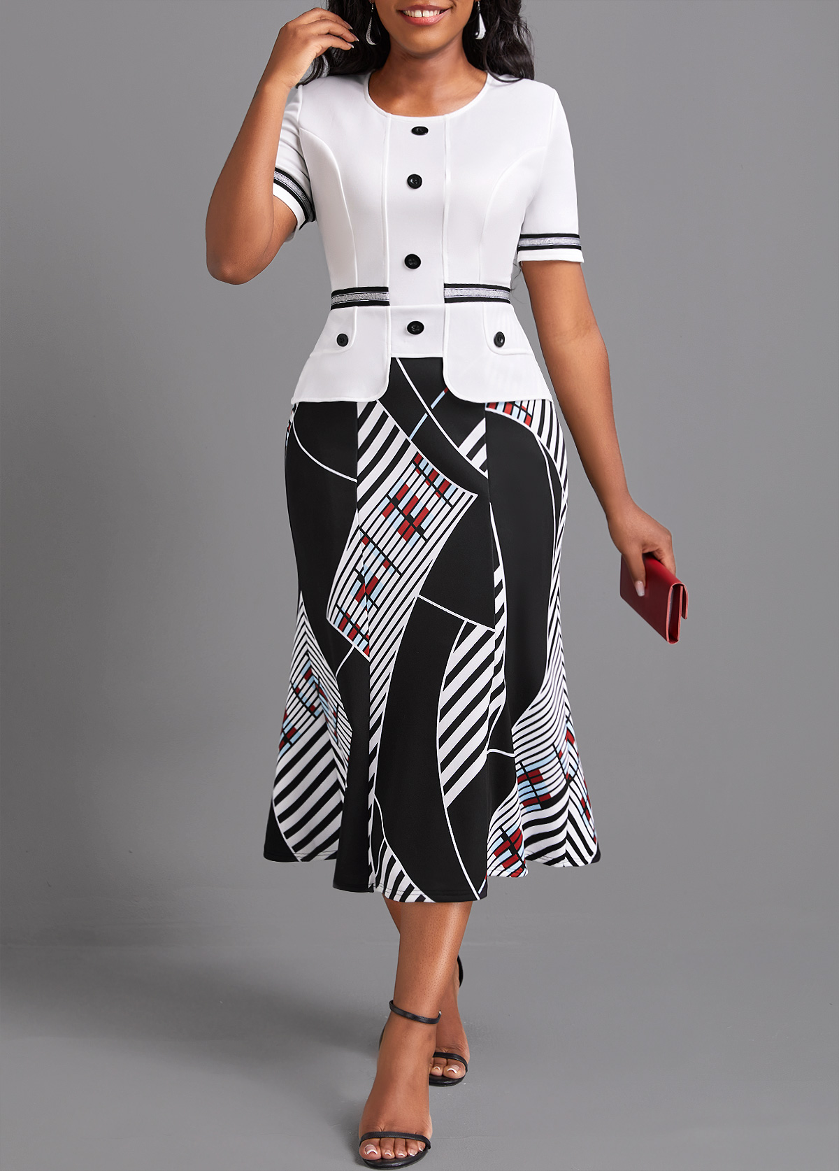 White Contrast Binding Geometric Print Bodycon Dress