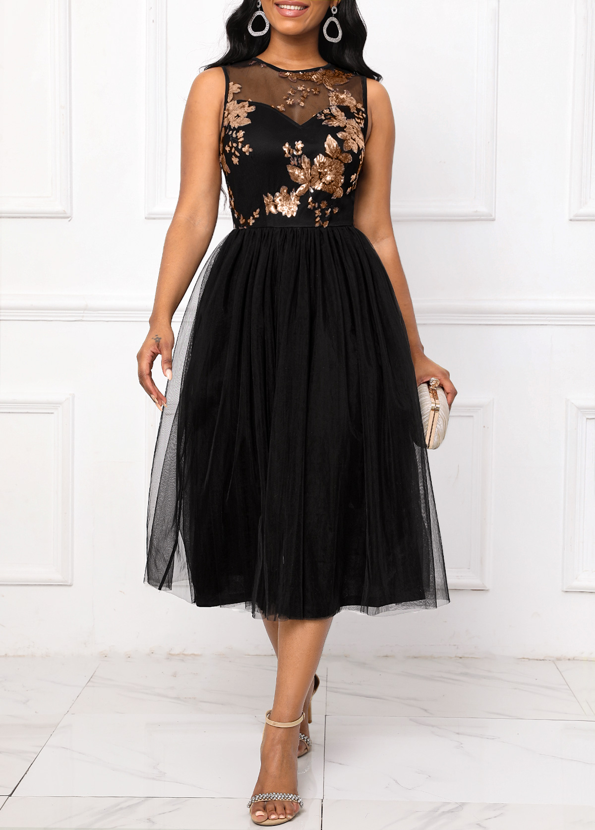 Black Sequin Sleeveless Round Neck Dress