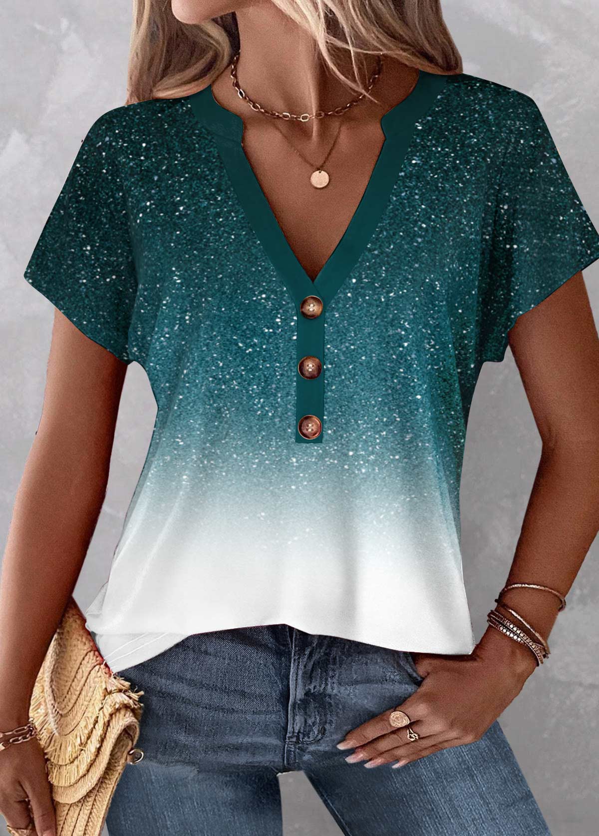 Turquoise Button Ombre Short Sleeve V Neck Blouse