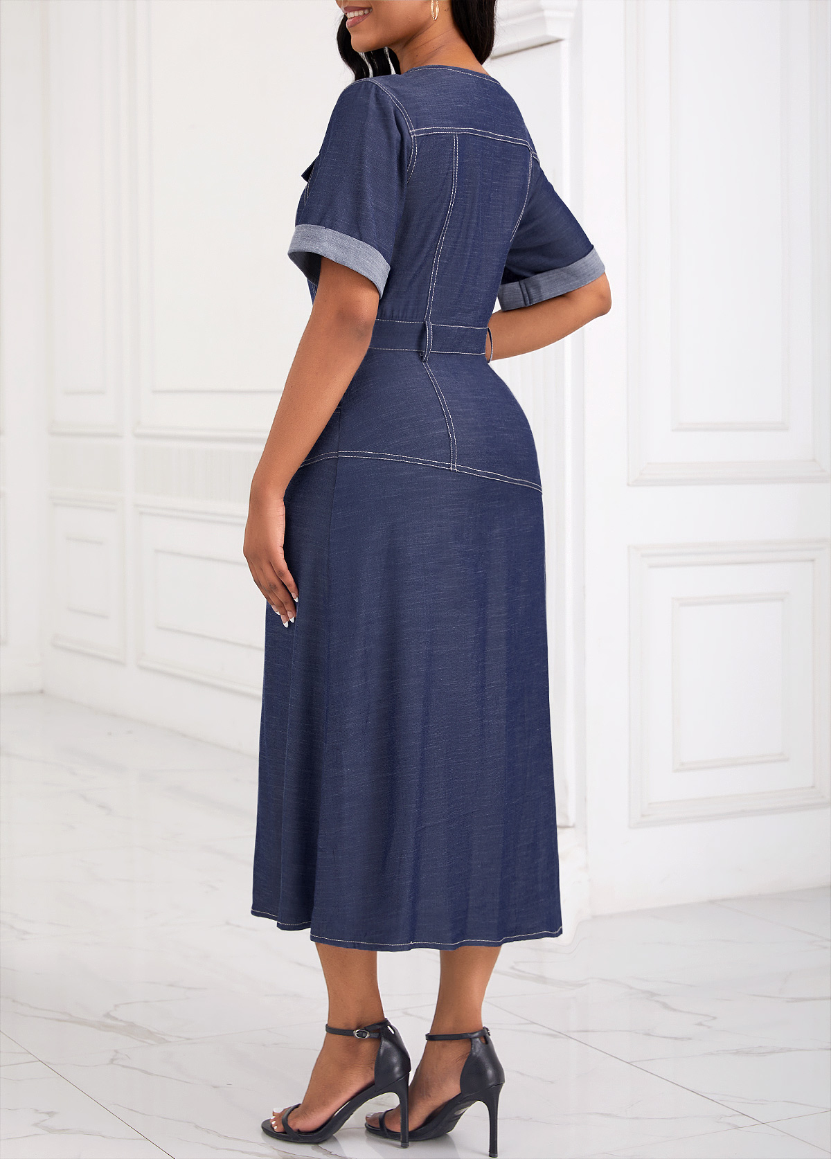 Denim Blue Pocket Button Detail Short Sleeve Dress