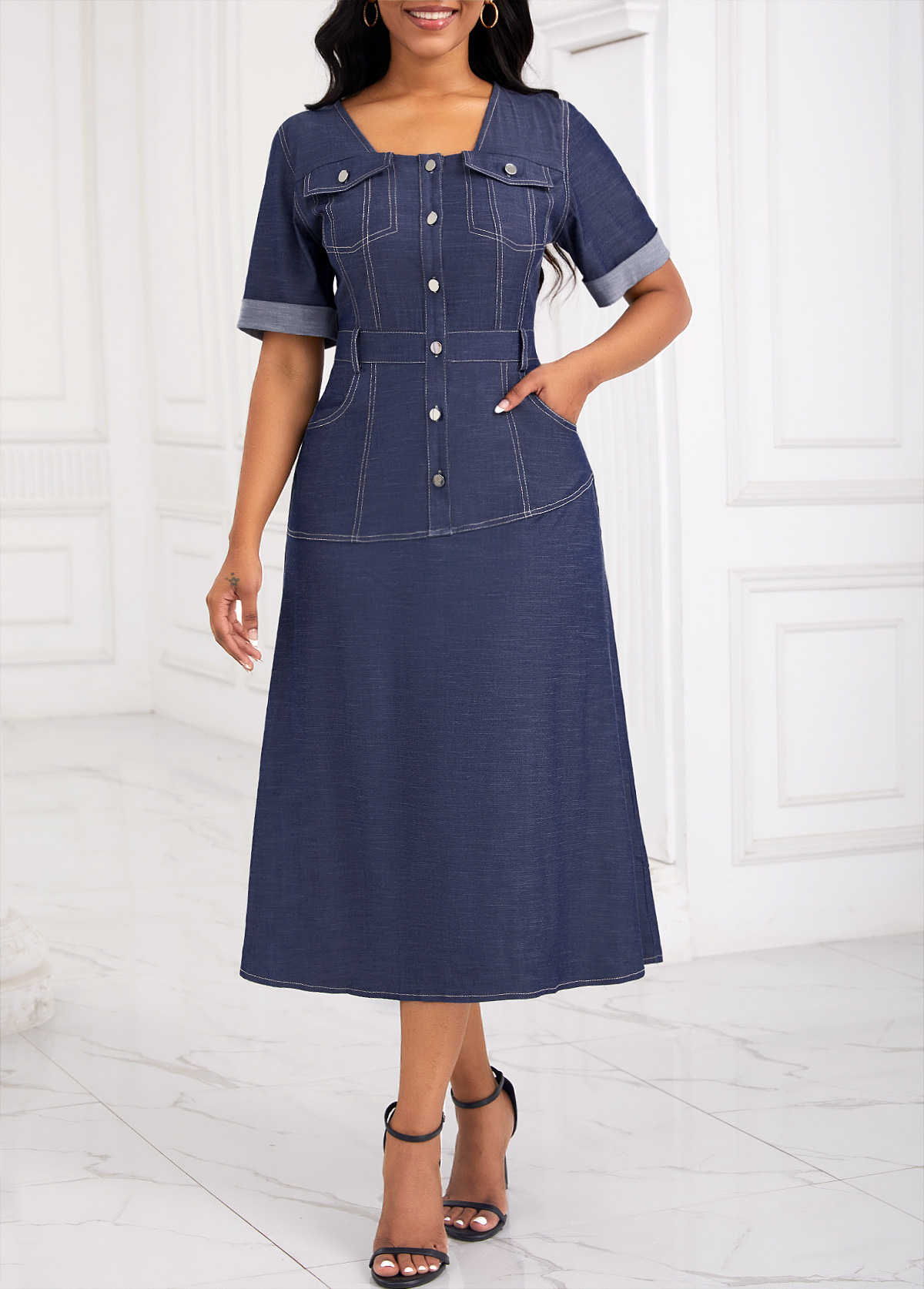 Denim Blue Pocket Button Detail Short Sleeve Dress