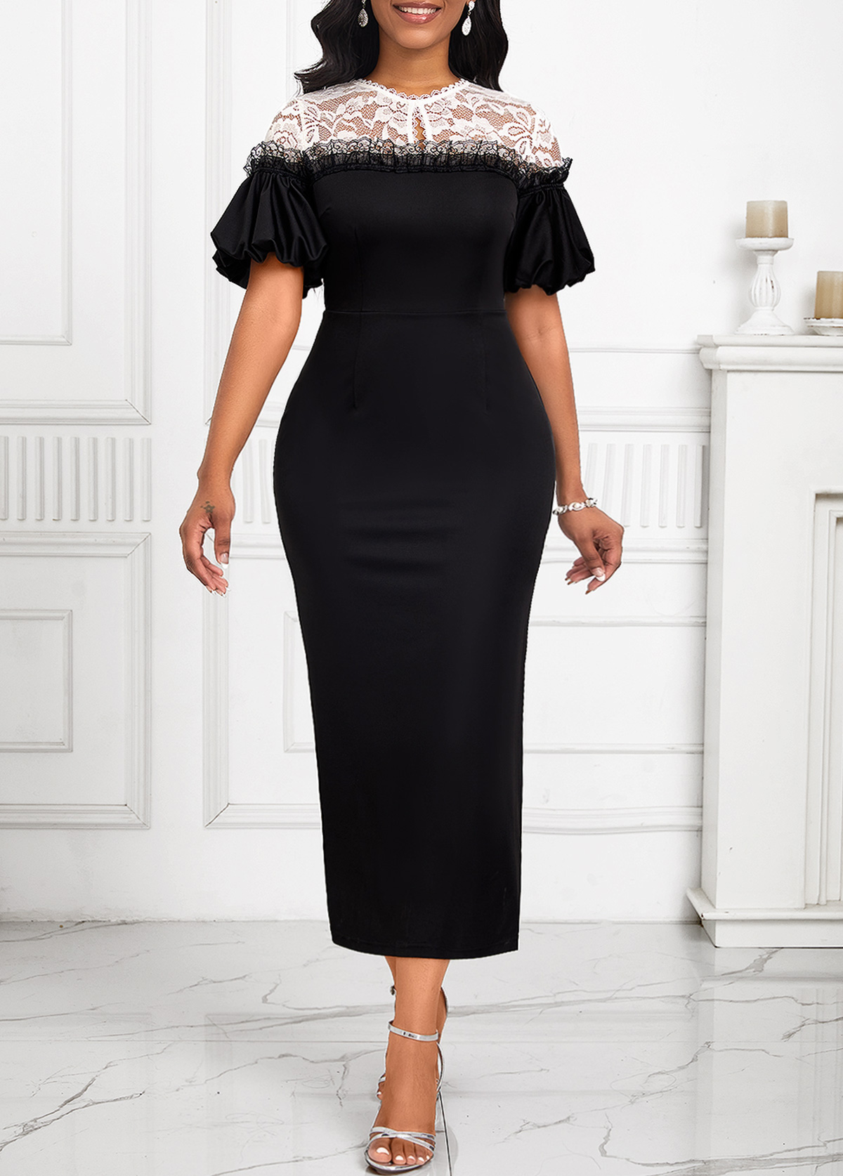 Black Lace Short Sleeve Round Neck Bodycon Dress