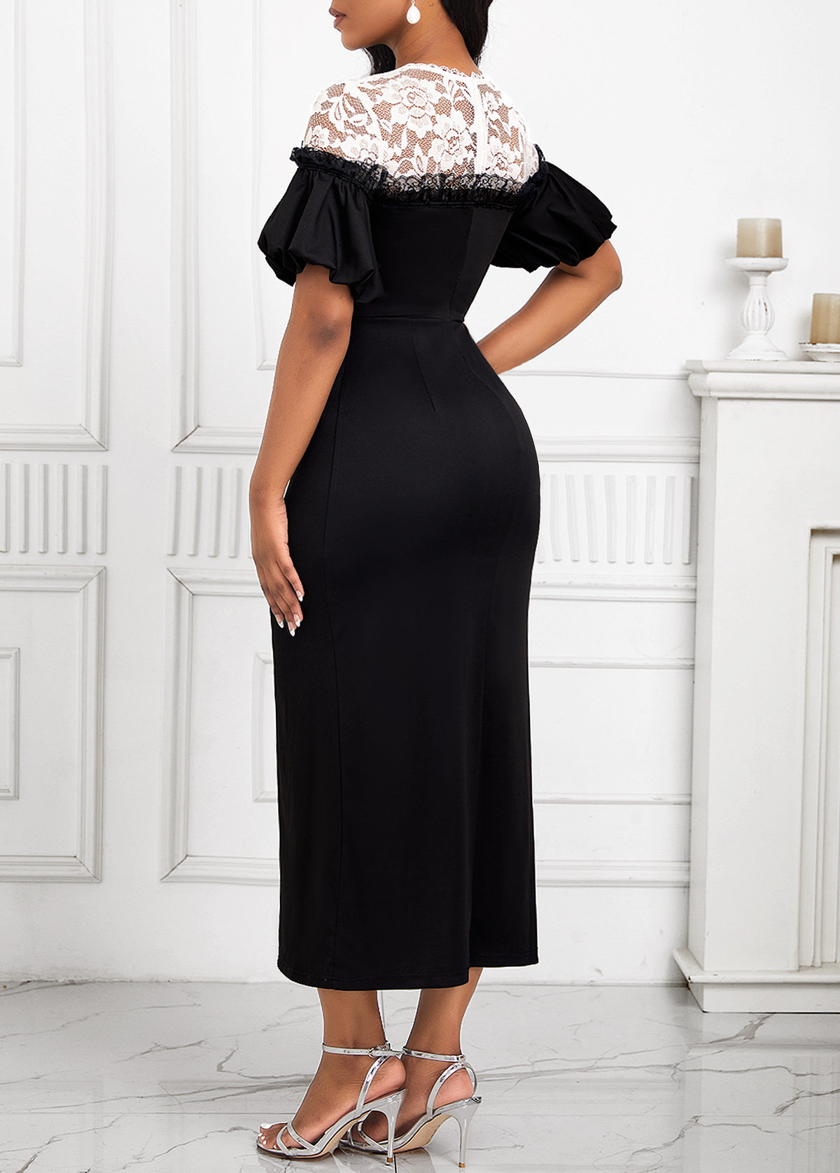 Black Lace Short Sleeve Round Neck Bodycon Dress