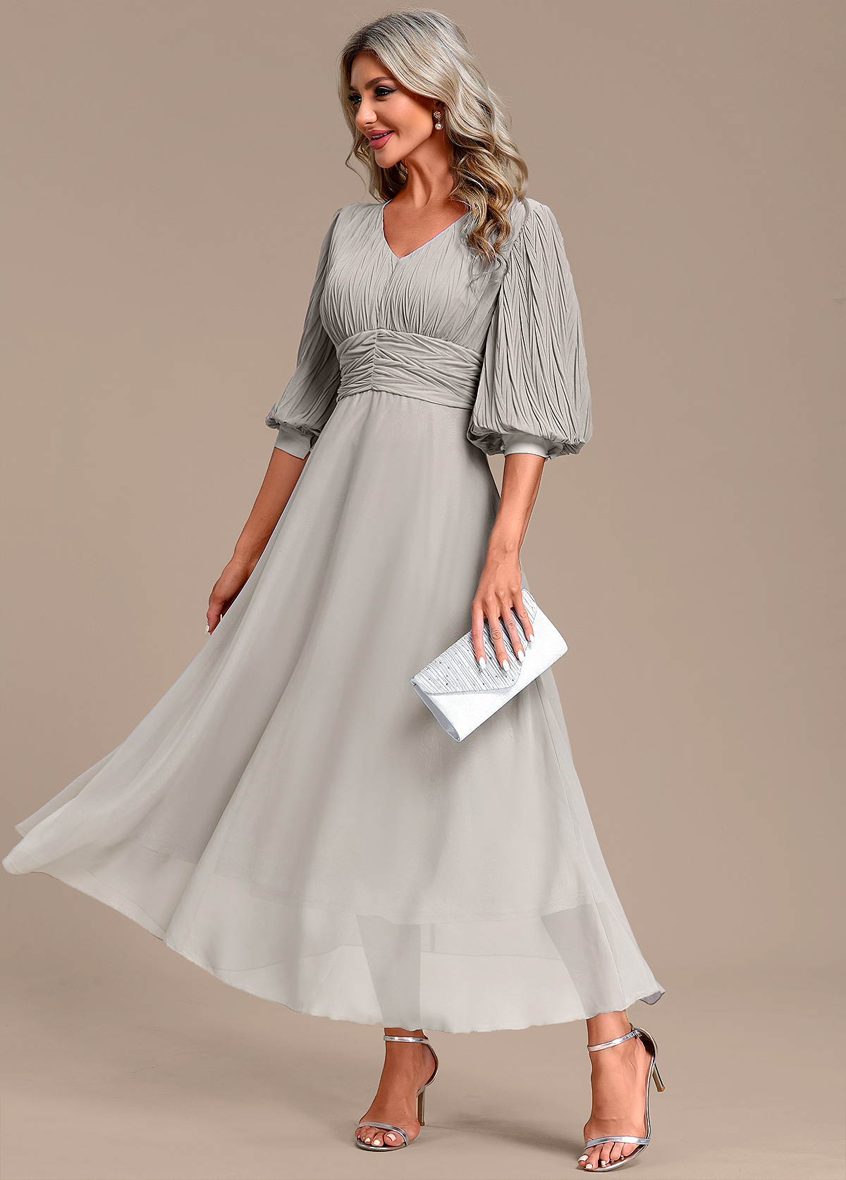Light Grey Ruched Three Quarter Length Sleeve Dress