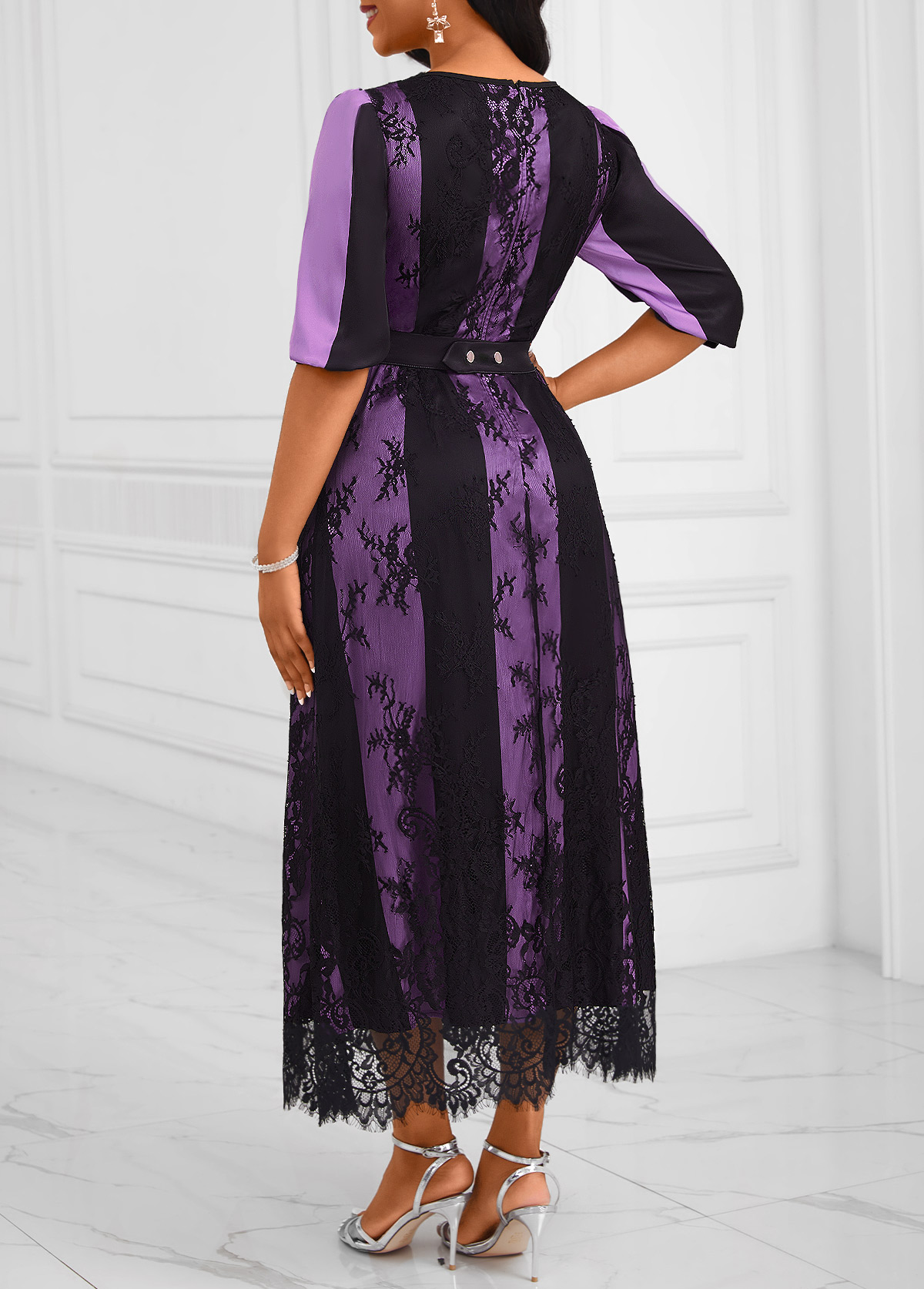 Purple Lace Belted Half Sleeve V Neck Dress