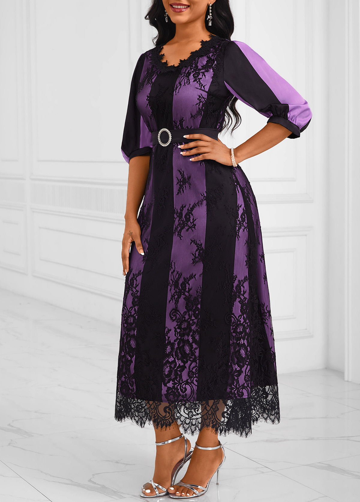 Purple Lace Belted Half Sleeve V Neck Dress