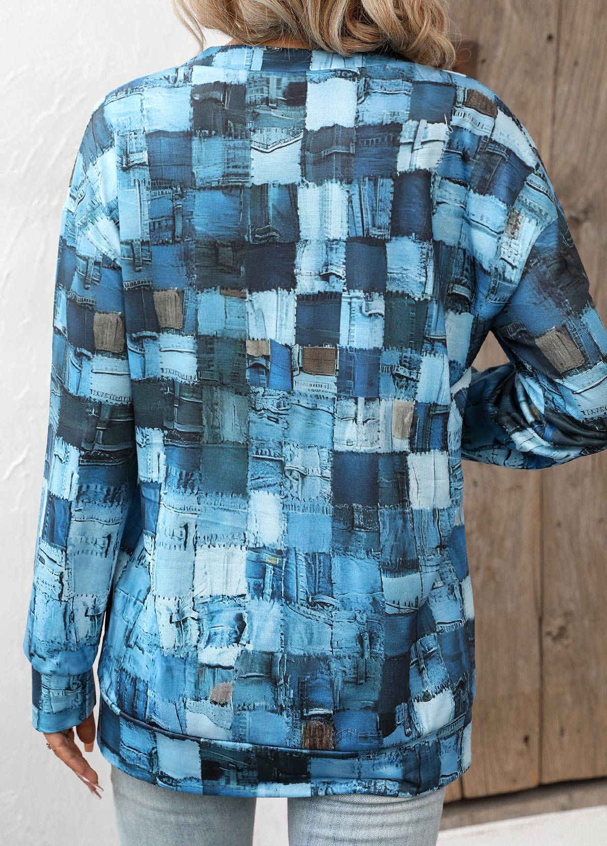 Denim Blue Zipper Geometric Print Long Sleeve Sweatshirt