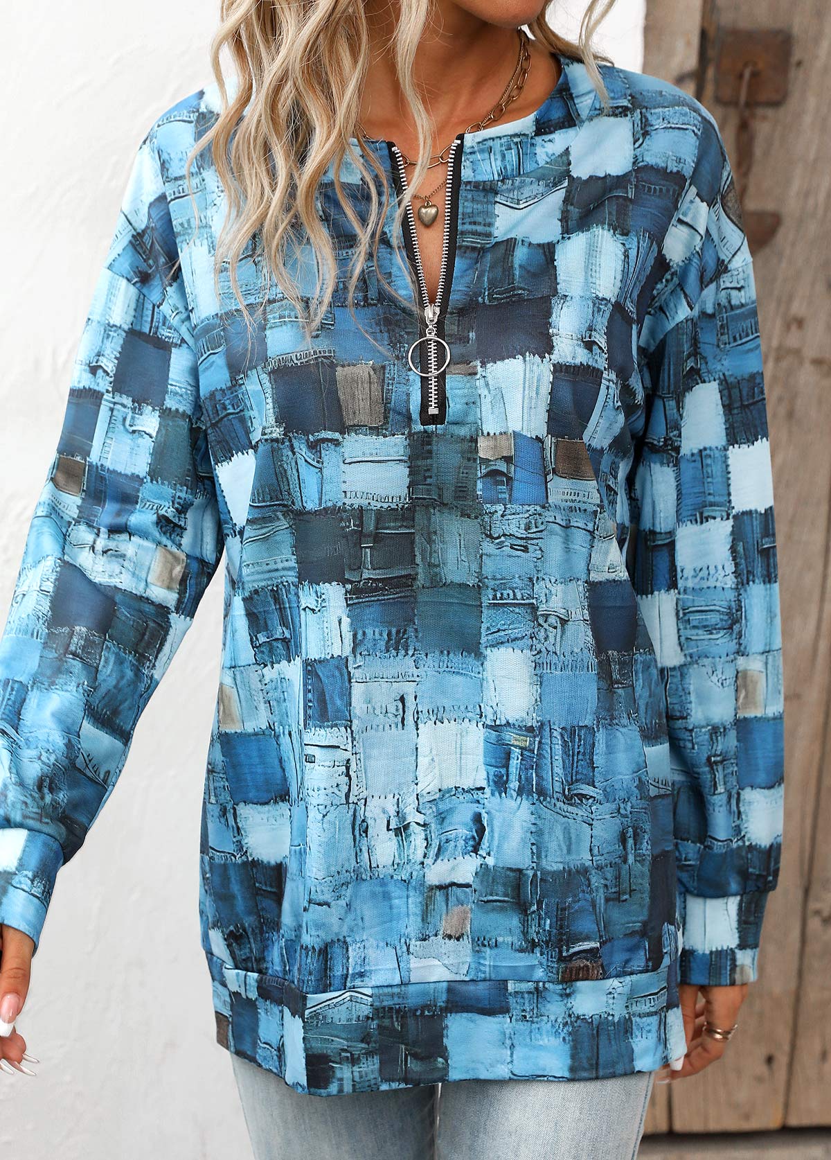 Denim Blue Zipper Geometric Print Long Sleeve Sweatshirt