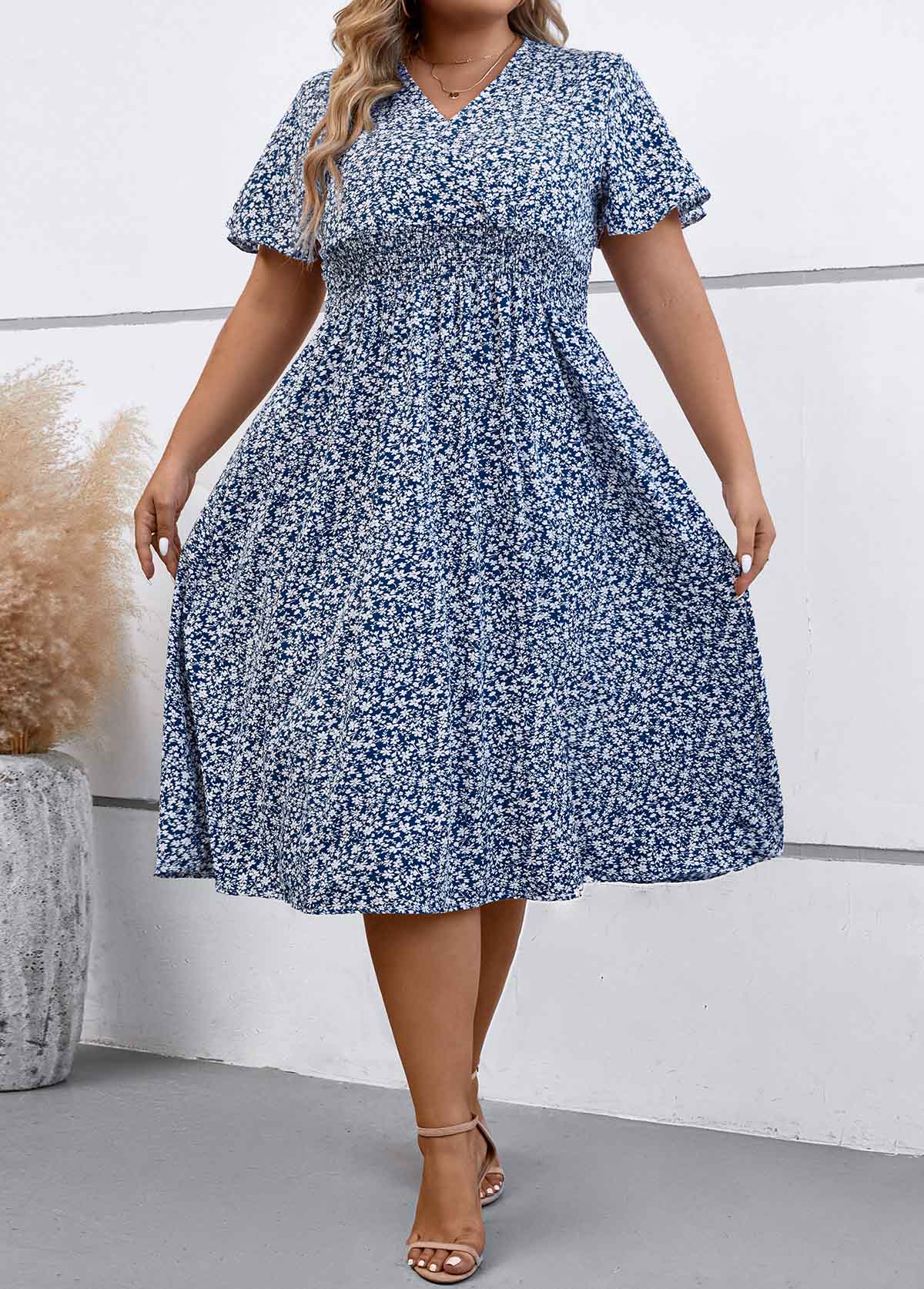 Dusty Blue Smocked Plus Size Dress