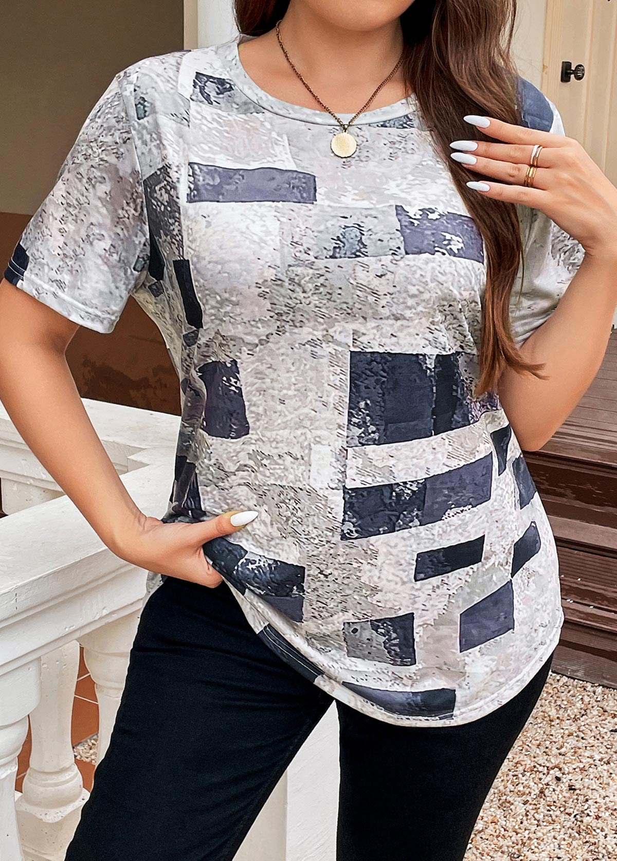 Grey Lightweight Plus Size Geometric Print T Shirt