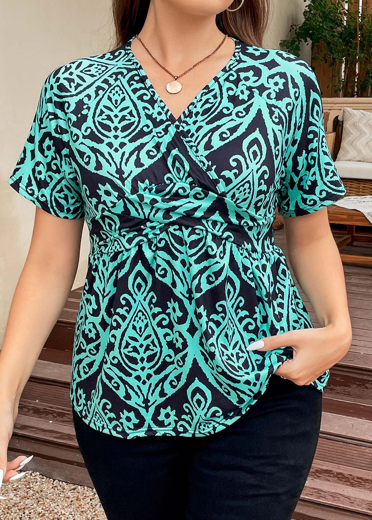 Turquoise Surplice Plus Size Tribal Print T Shirt
