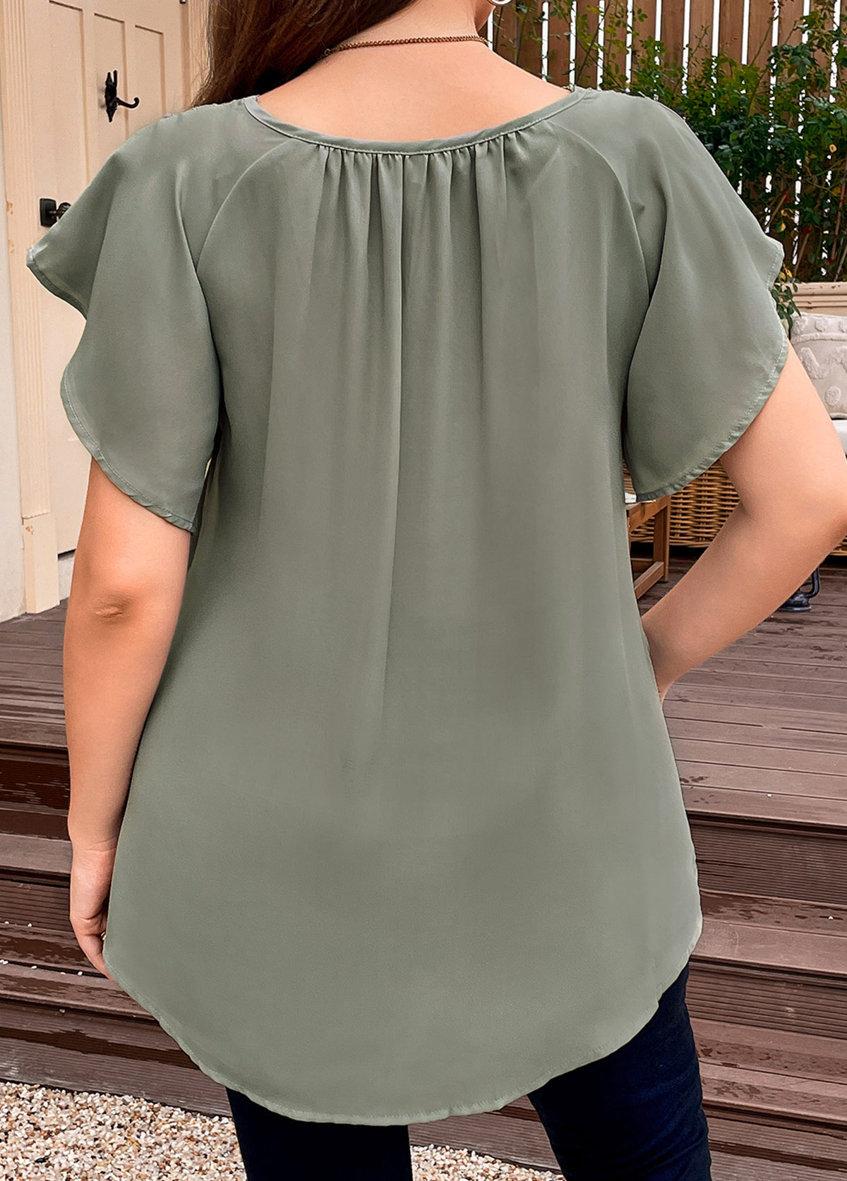 Sage Green Patchwork Plus Size Short Sleeve Blouse