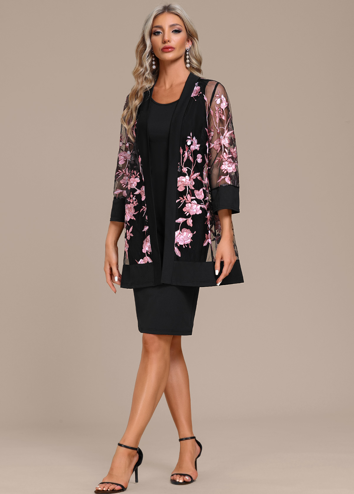 Embroidery Black Two Piece Shift Dress and Cardigan