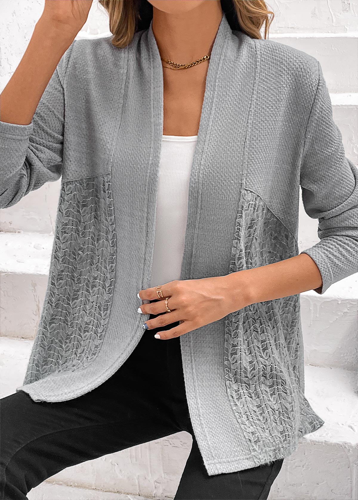 Grey Lace Patchwork Long Sleeve Cardigan