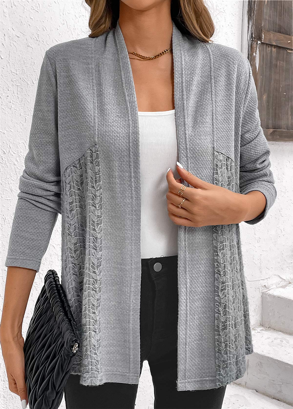 Grey Lace Patchwork Long Sleeve Cardigan