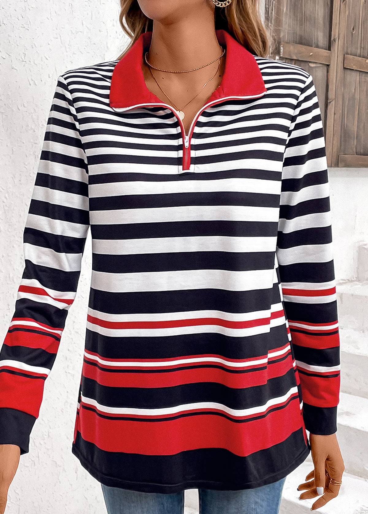 Multi Color Zipper Striped Long Sleeve Sweatshirt