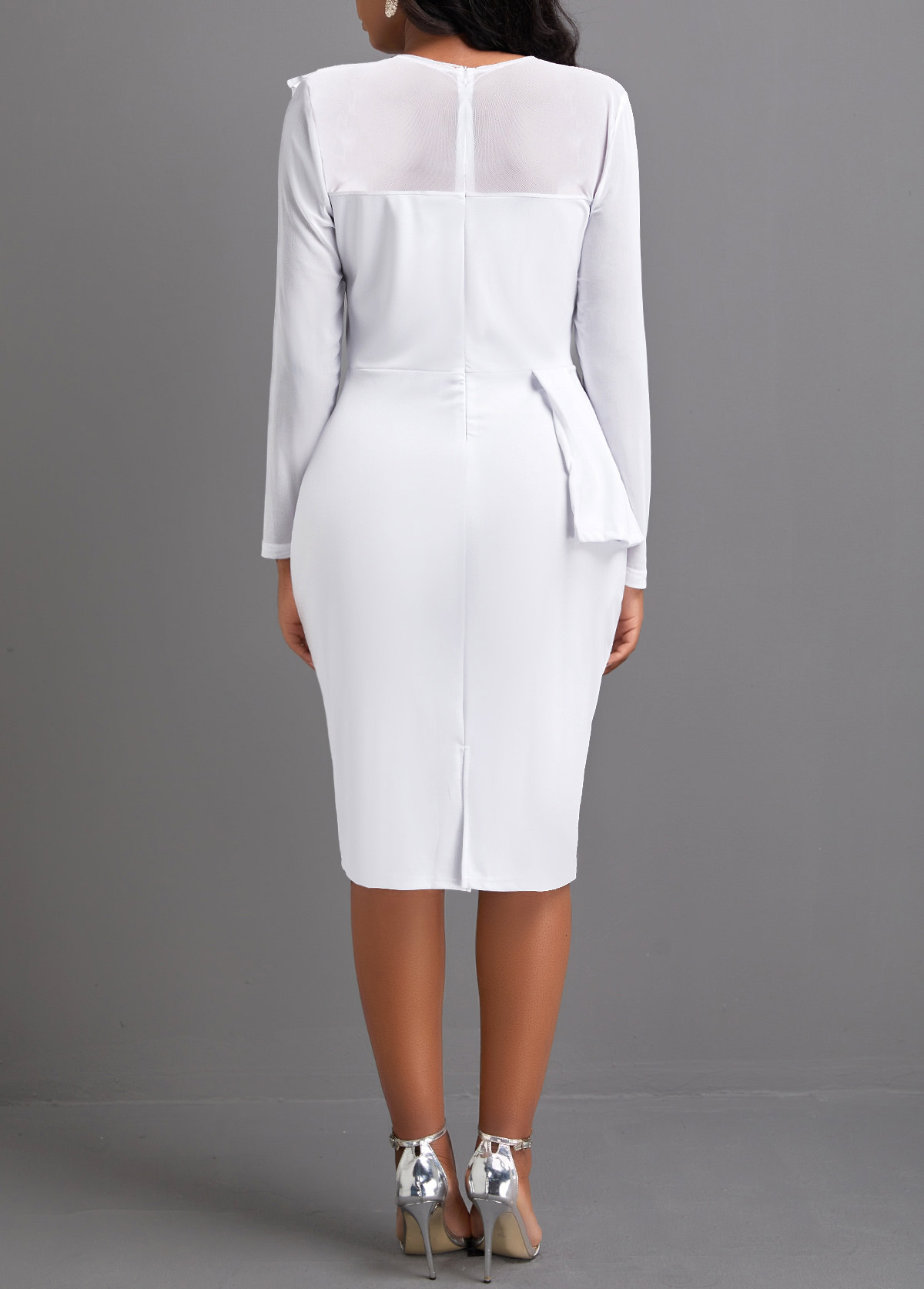 White Pearl Long Sleeve Round Neck Bodycon Dress