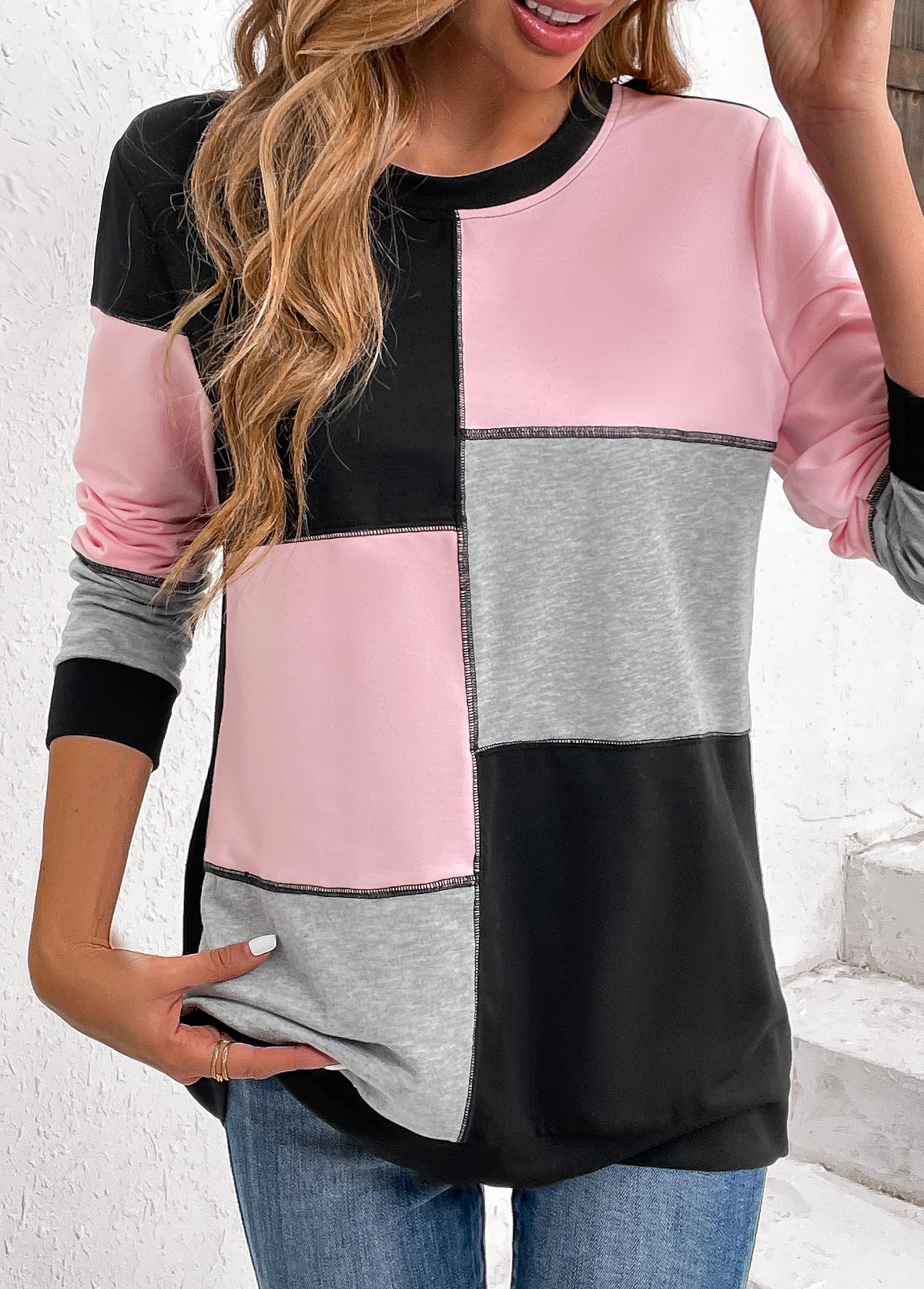 Plus Size Light Pink Patchwork Long Sleeve Sweatshirt