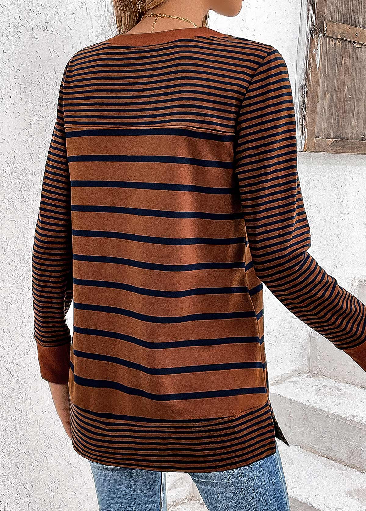 Plus Size Dark Coffee Patchwork Striped T Shirt