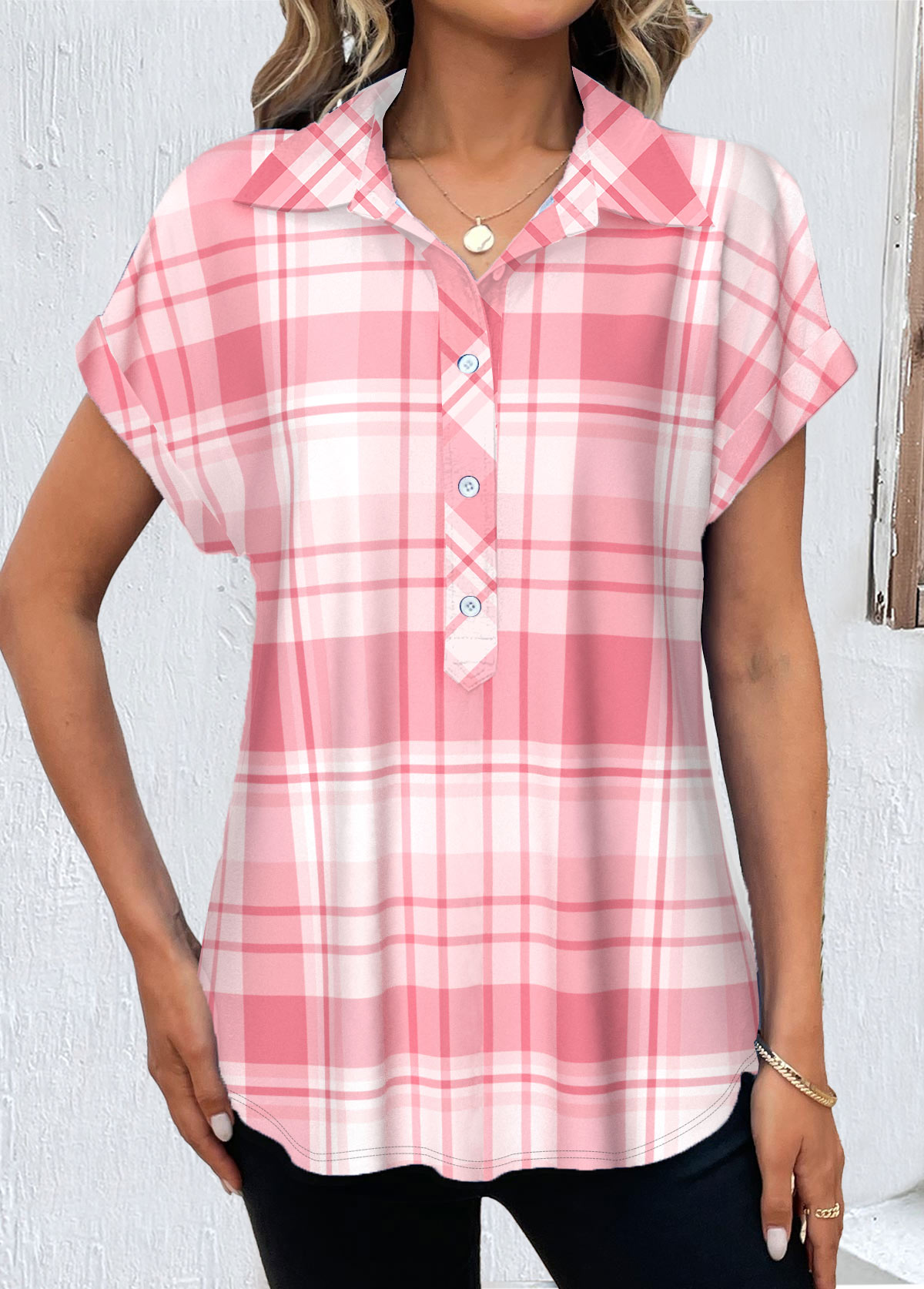 Pink Button Plaid Short Sleeve Shirt Collar Blouse