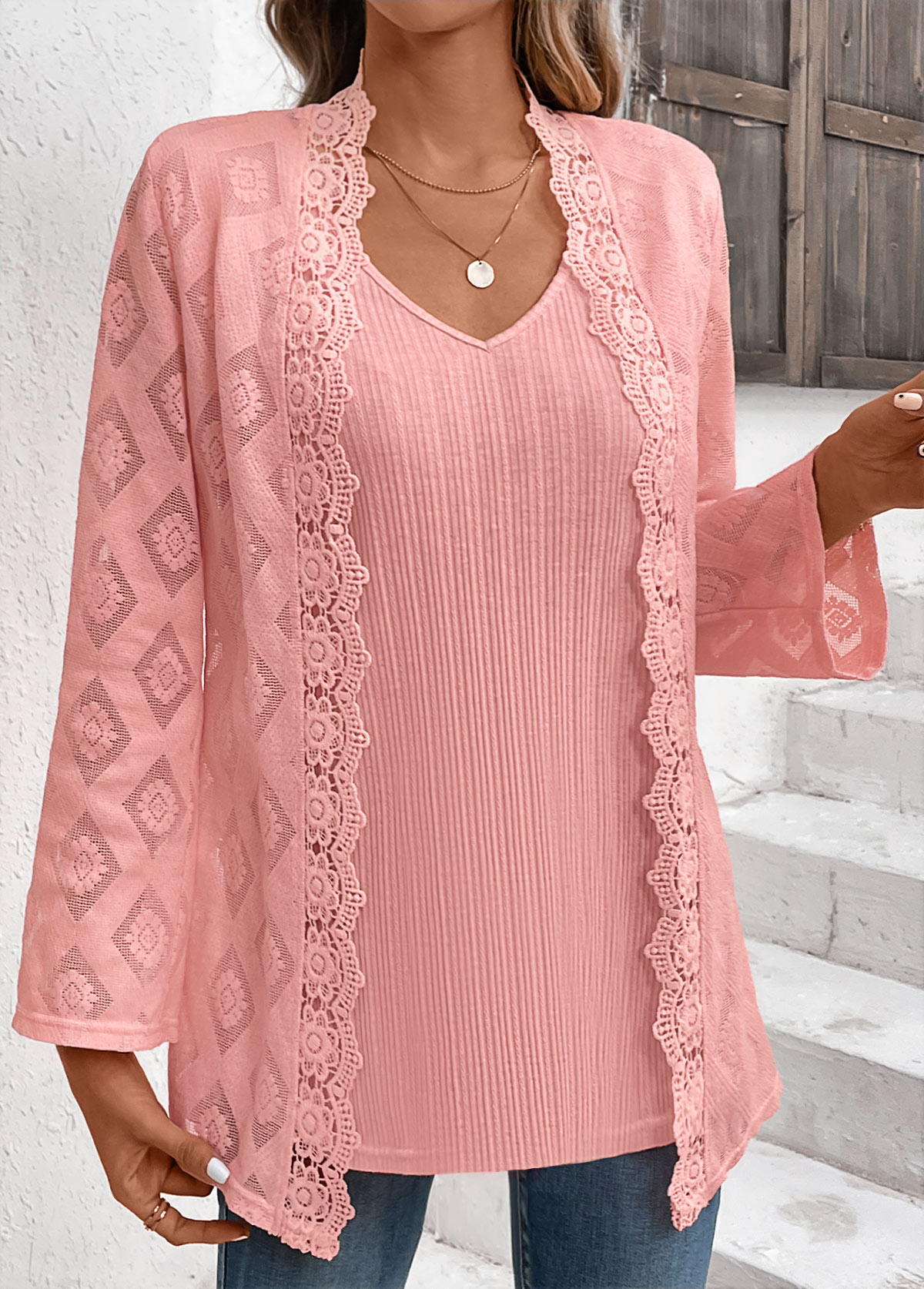 Dusty Pink Fake 2in1 Long Sleeve Blouse