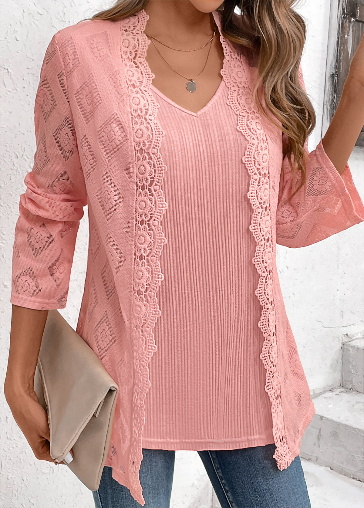 Dusty Pink Long Sleeve Fake Two Piece Twinset | picture 