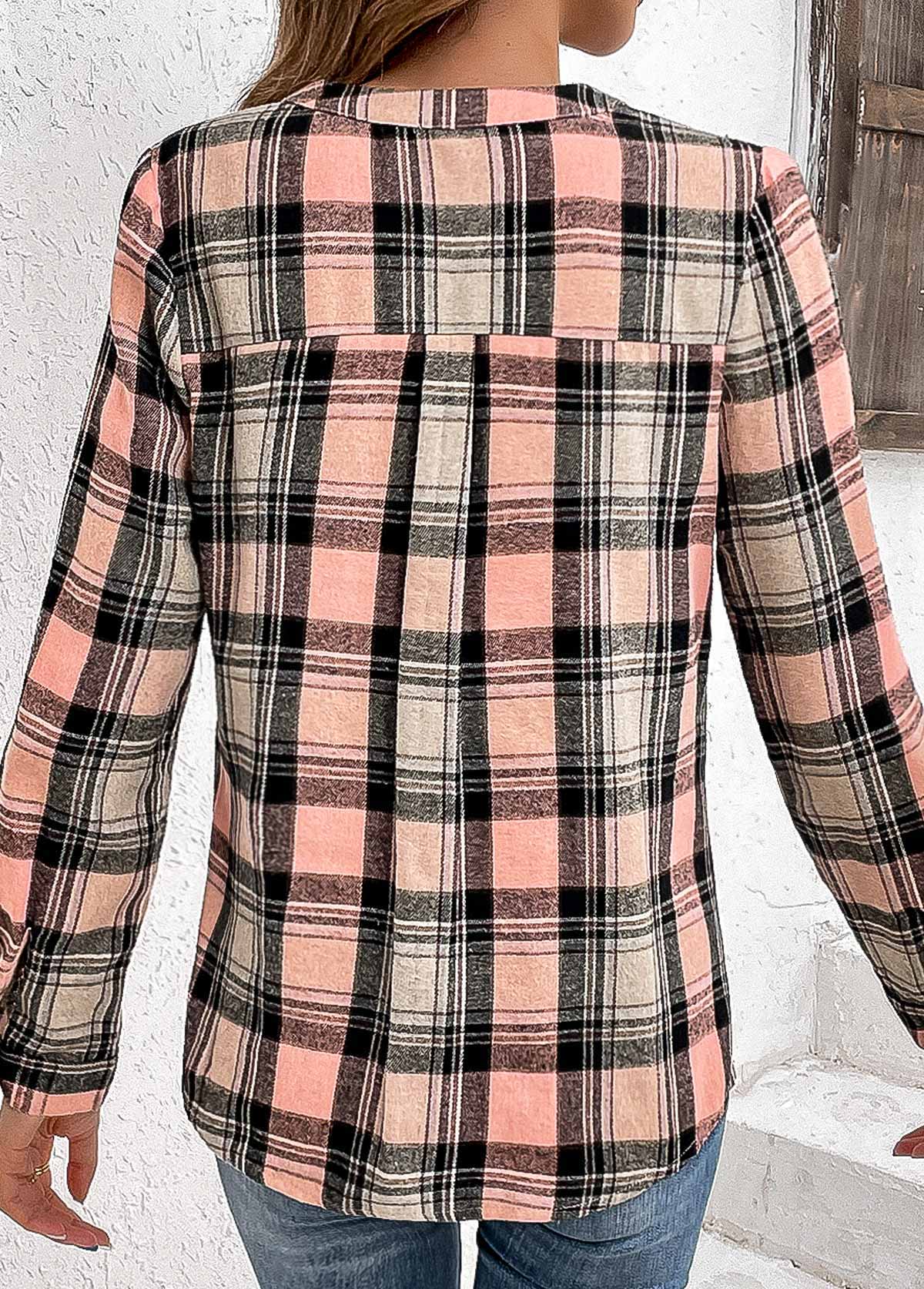 Pink Ruched Plaid Long Sleeve Split Neck Blouse