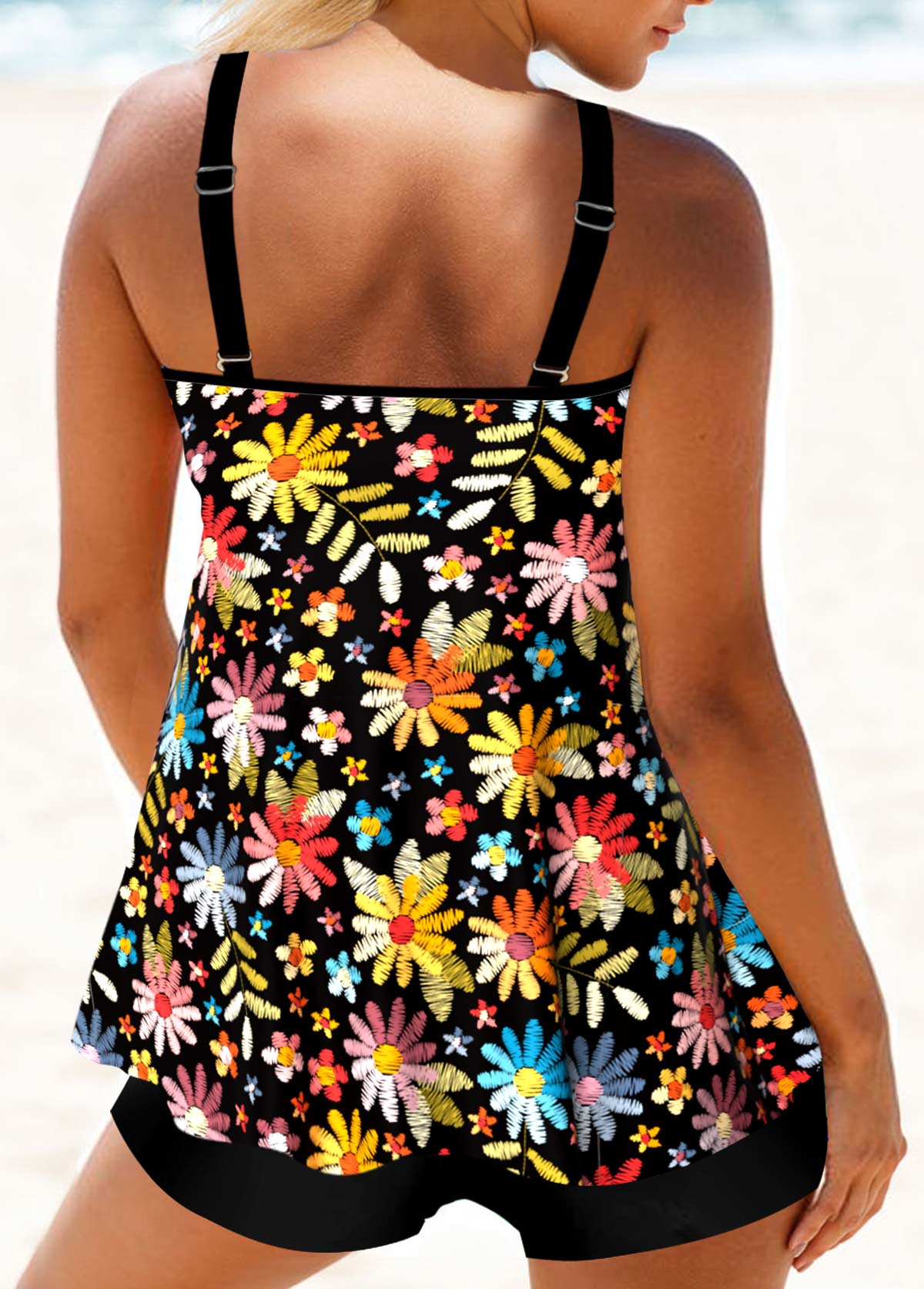Circular Ring Floral Print Black Tankini Top USD 37.98
