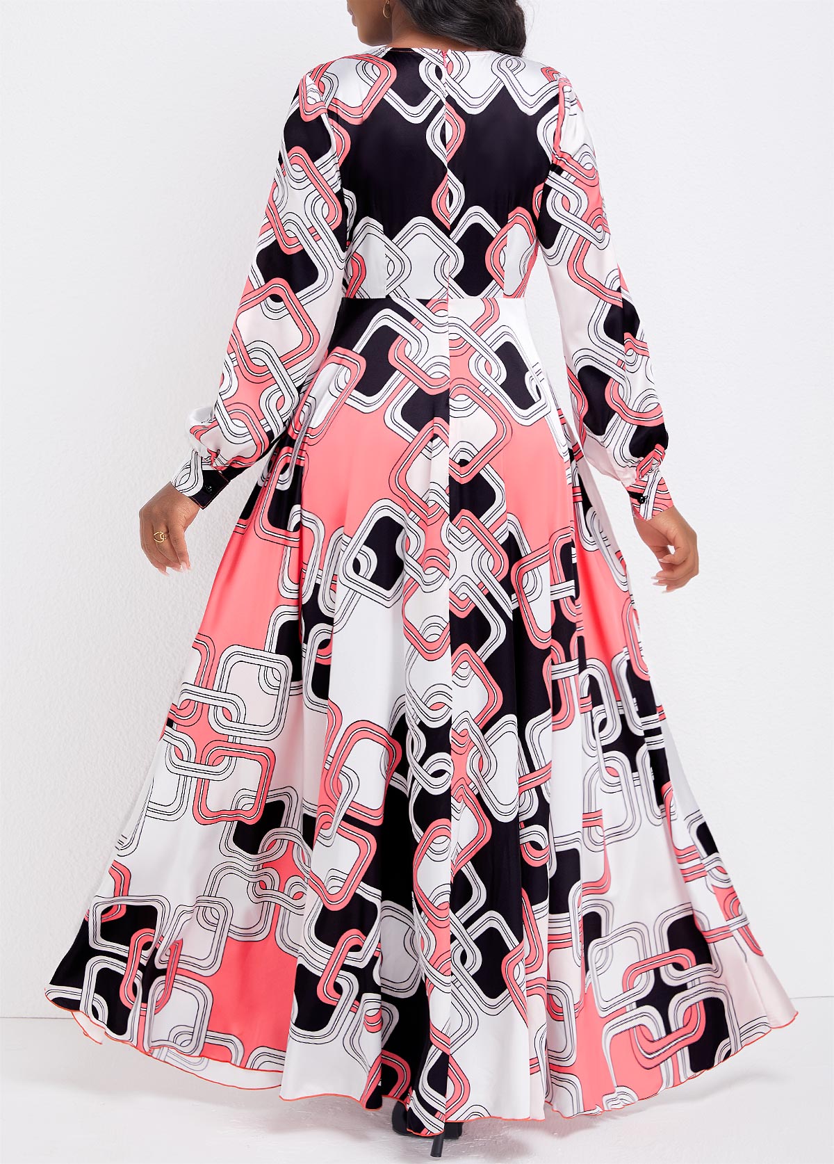 Pink Umbrella Hem Geometric Print Maxi Dress