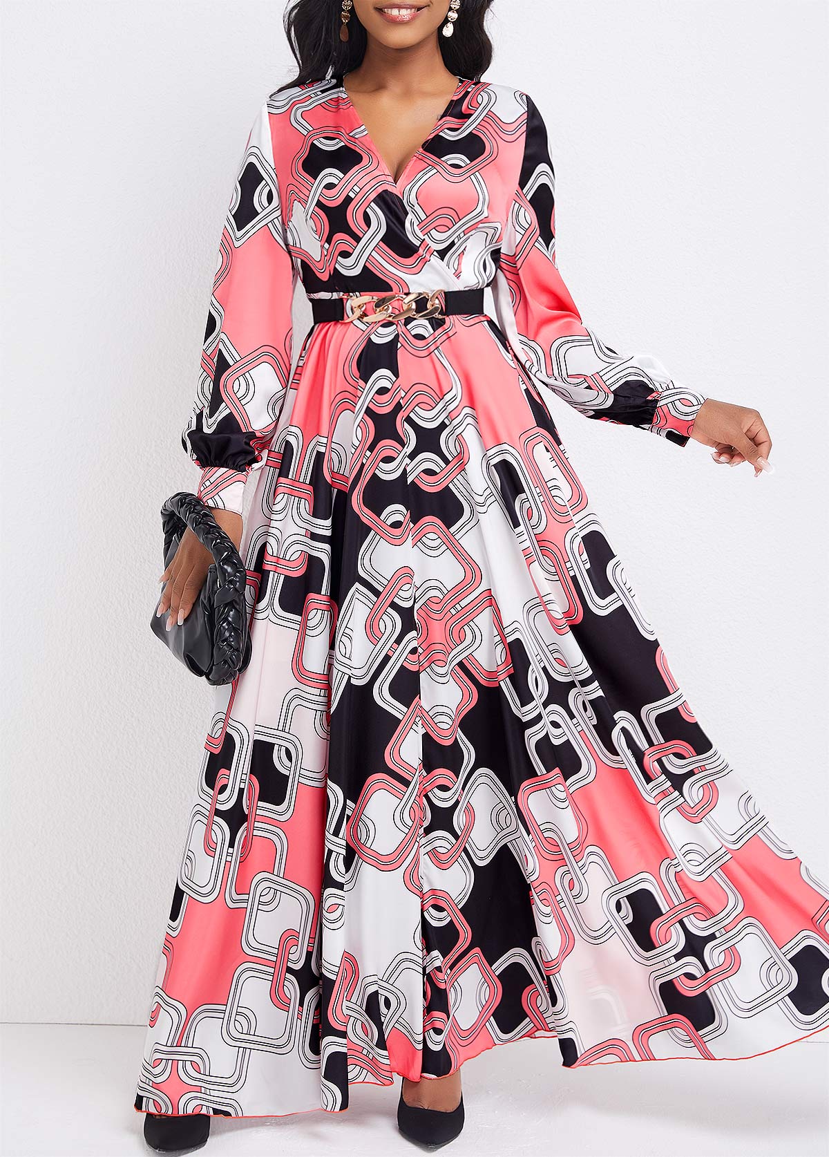 Pink Umbrella Hem Geometric Print Maxi Dress