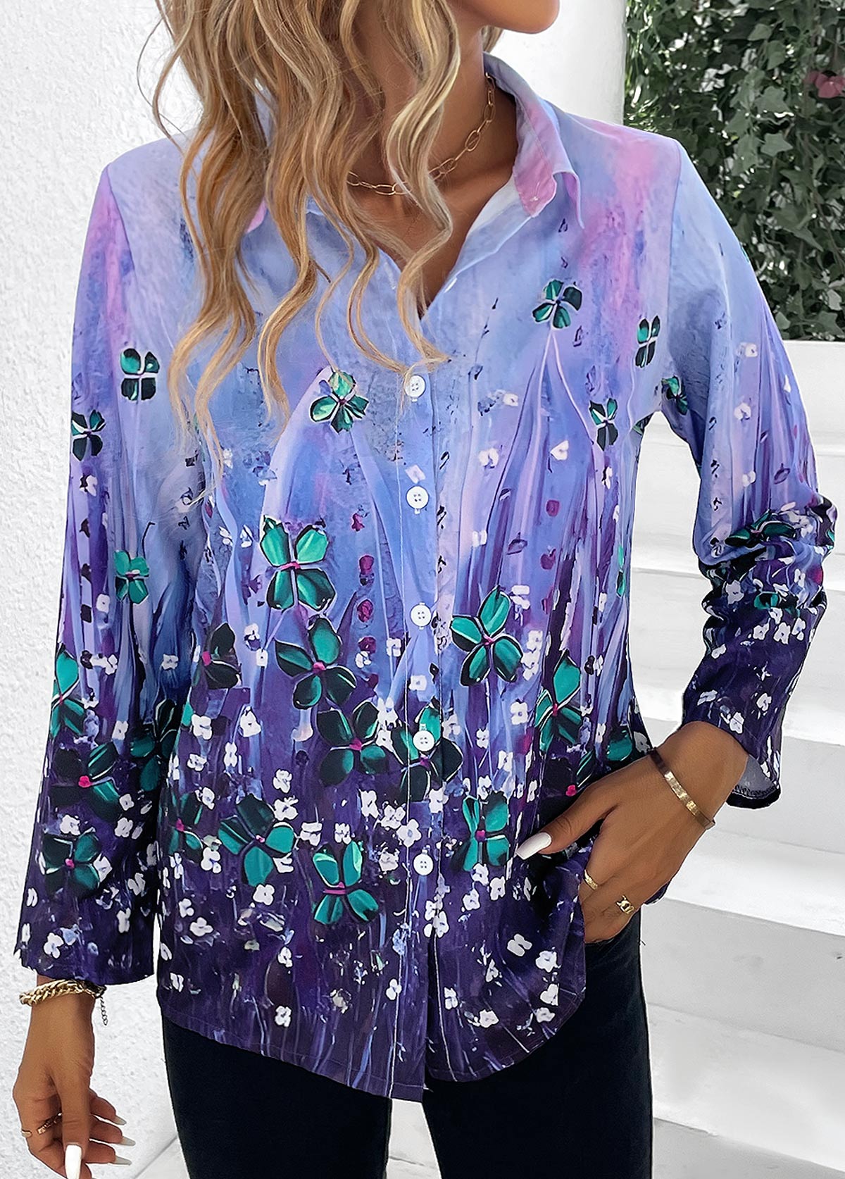Purple Button Floral Print Long Sleeve Blouse