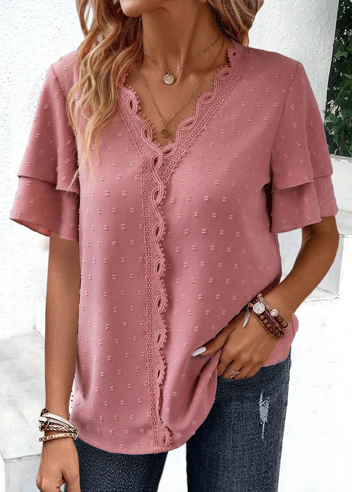 Pink Lace Short Sleeve V Neck Blouse | picture 