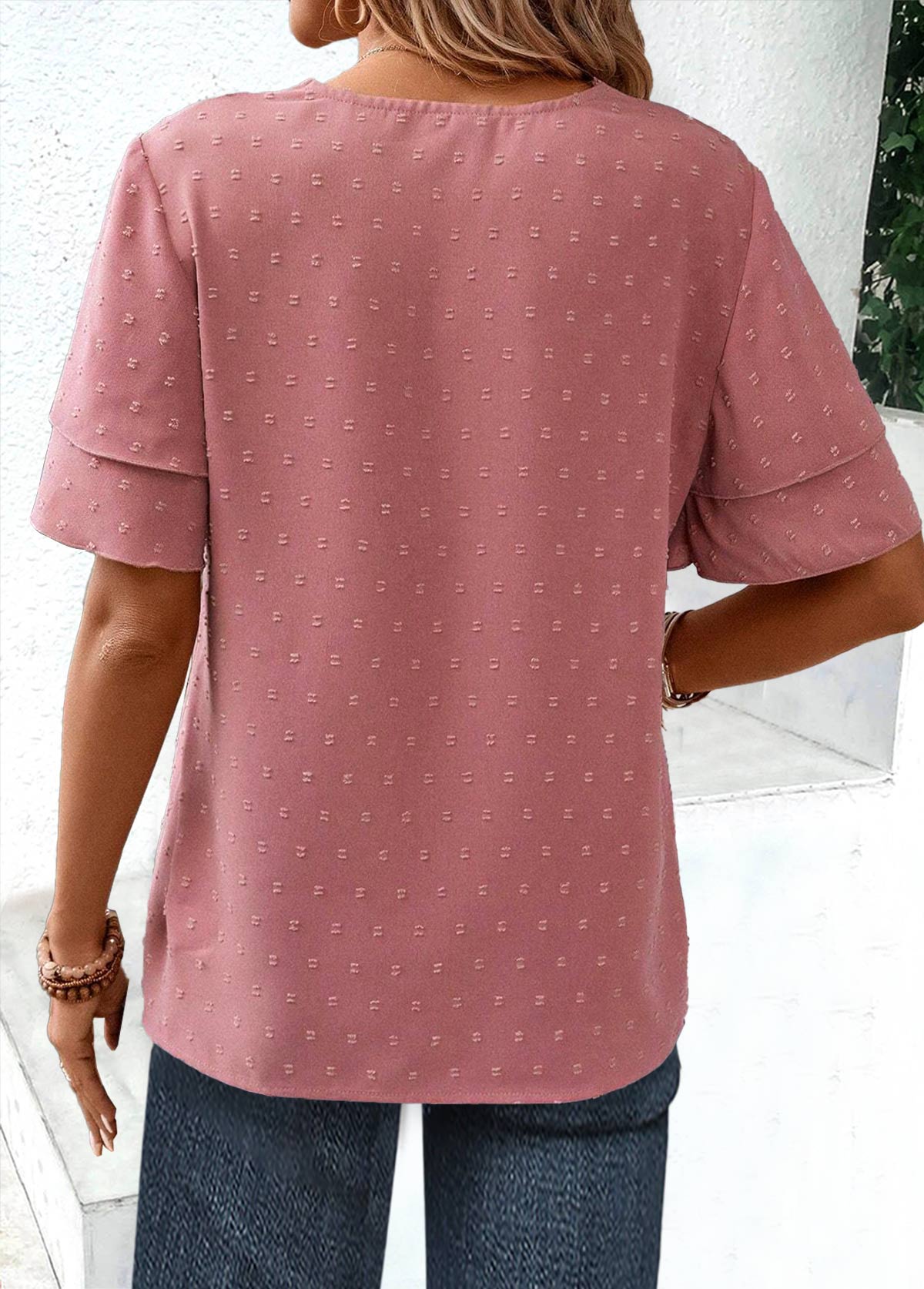 Pink Lace Short Sleeve V Neck Blouse | picture 