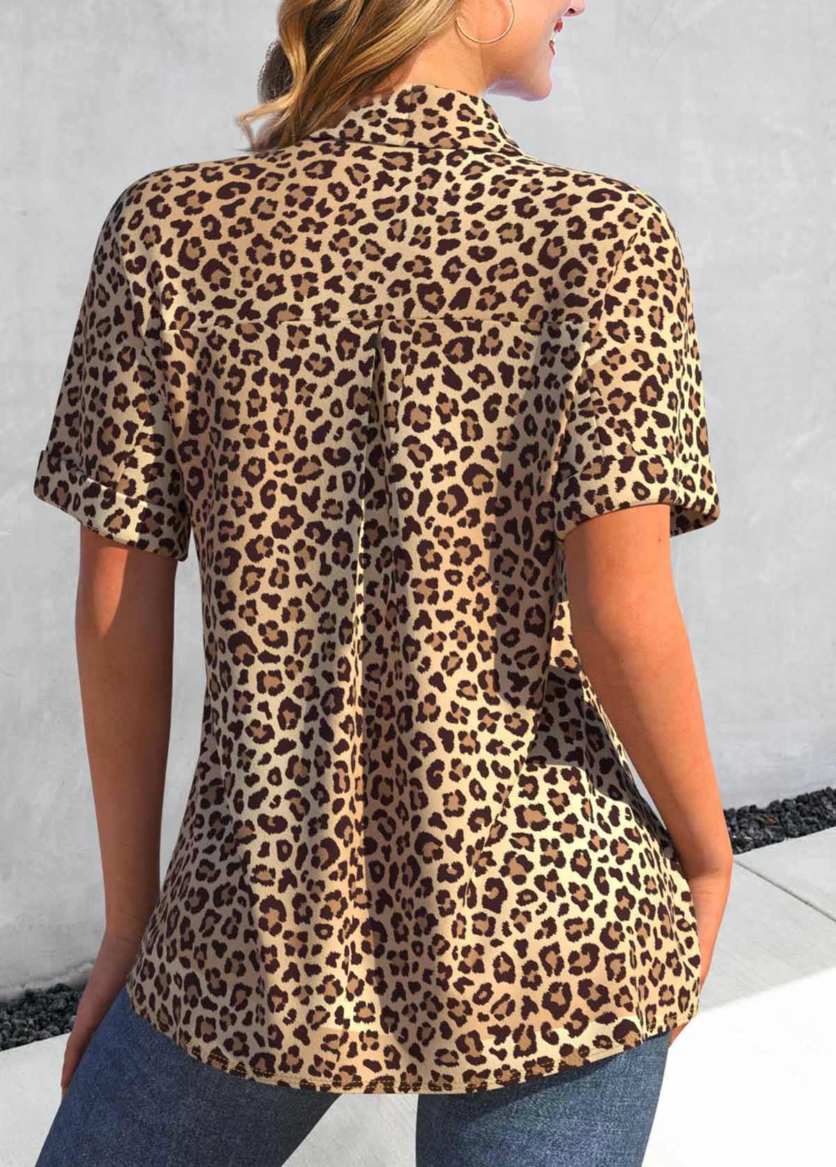 Dark Camel Button Leopard Short Sleeve Blouse