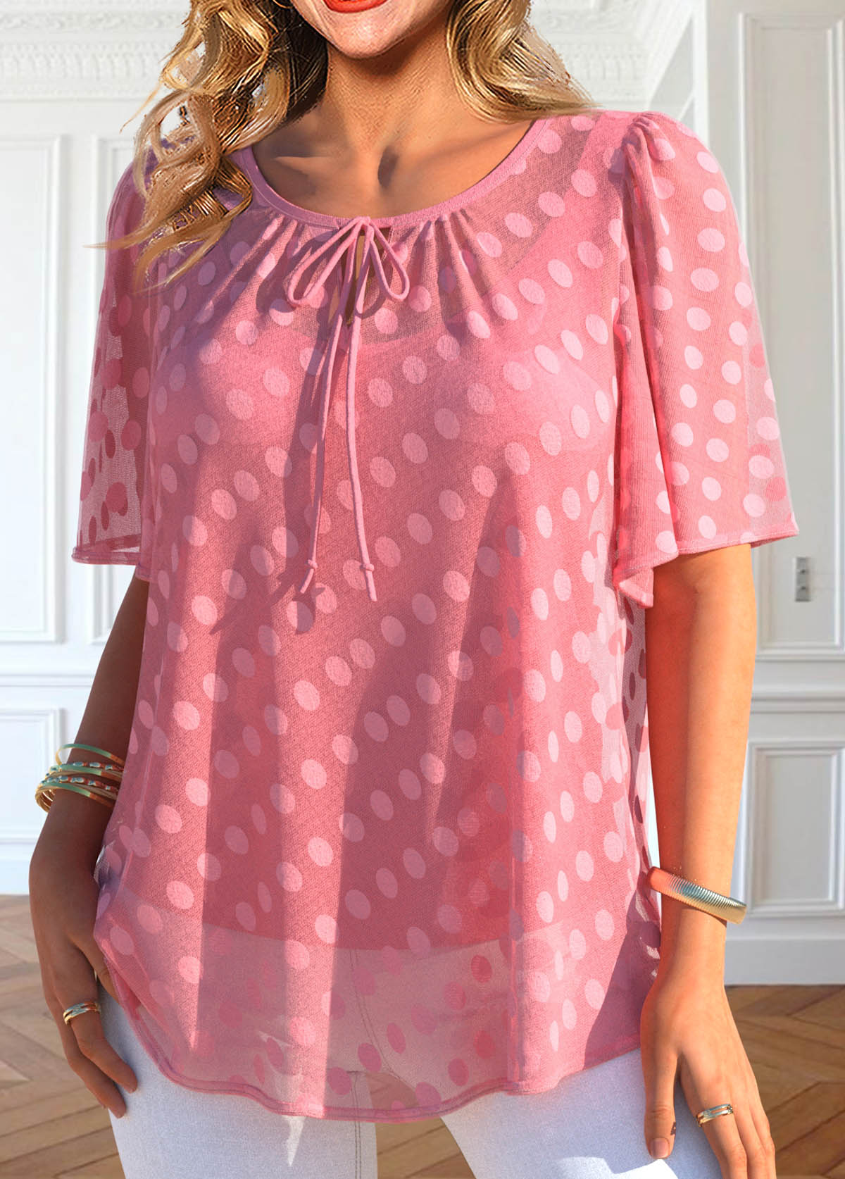 Peach Red Layered Short Sleeve Round Neck Blouse | picture 
