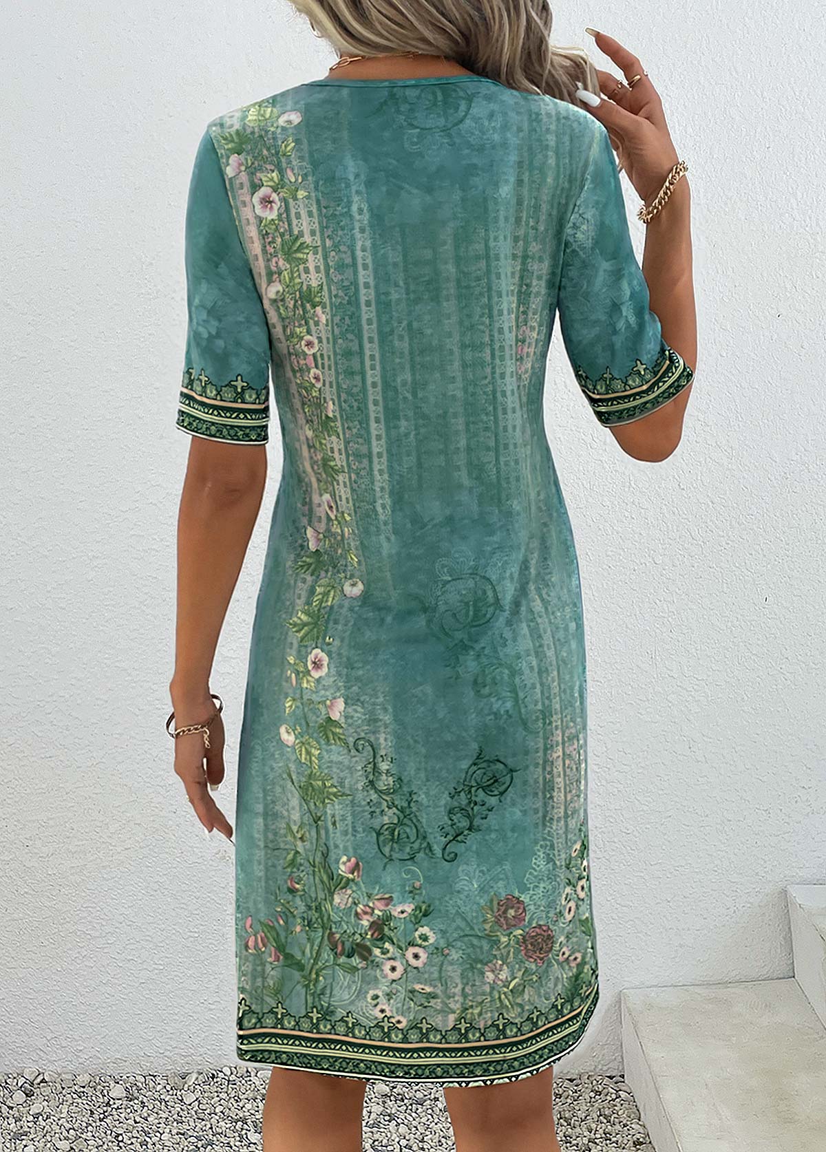Green Patchwork Floral Print Shift Dress | picture 