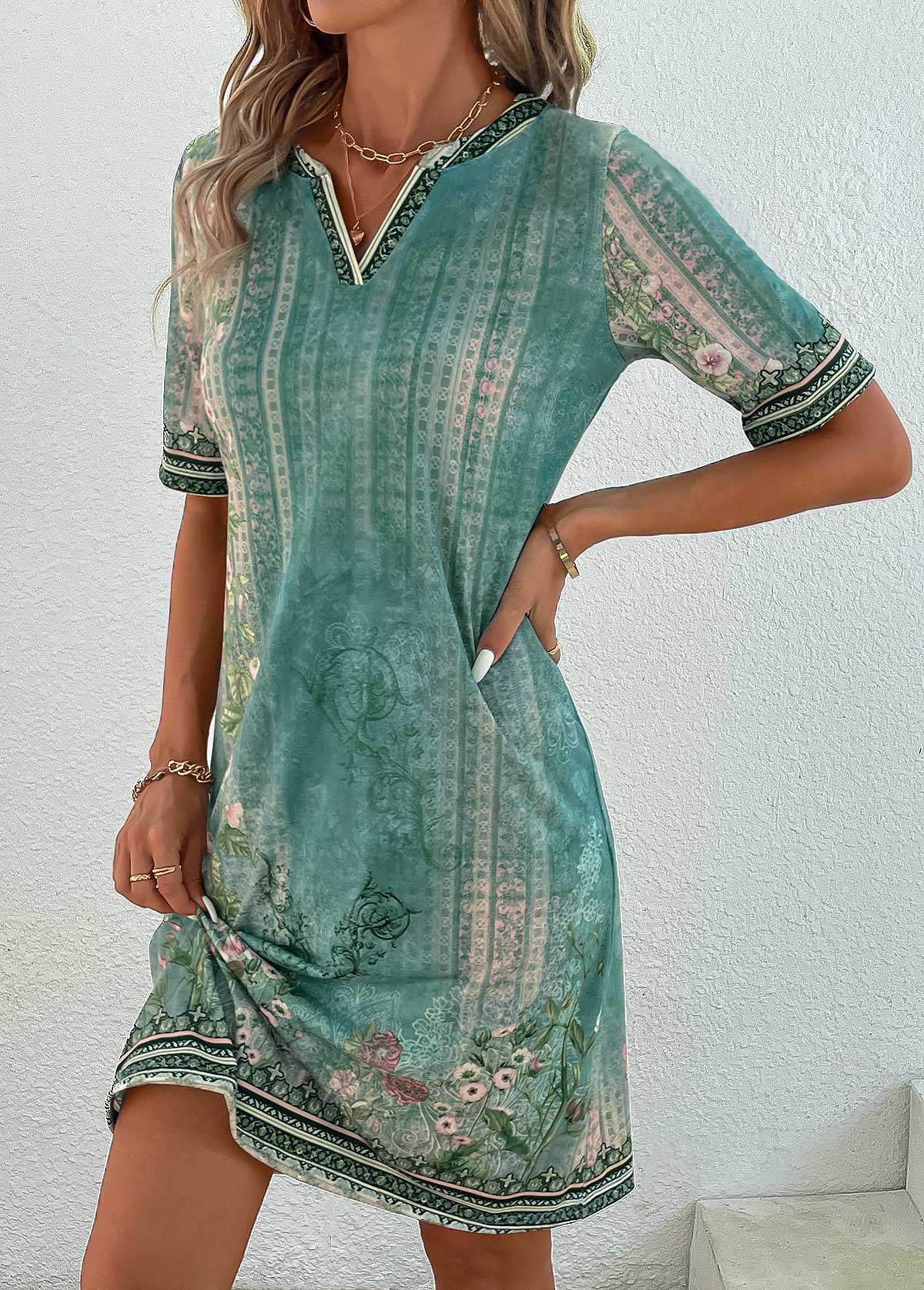 Green Patchwork Floral Print Shift Dress | picture 