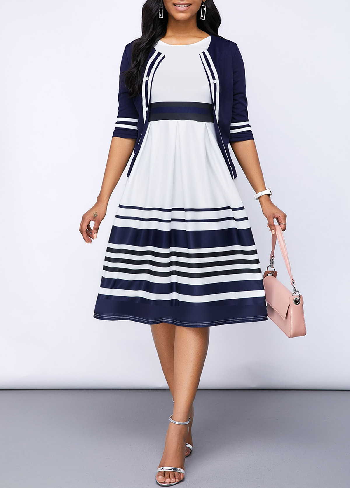 Navy Two Piece Striped Dress and Half Sleeve Cardigan