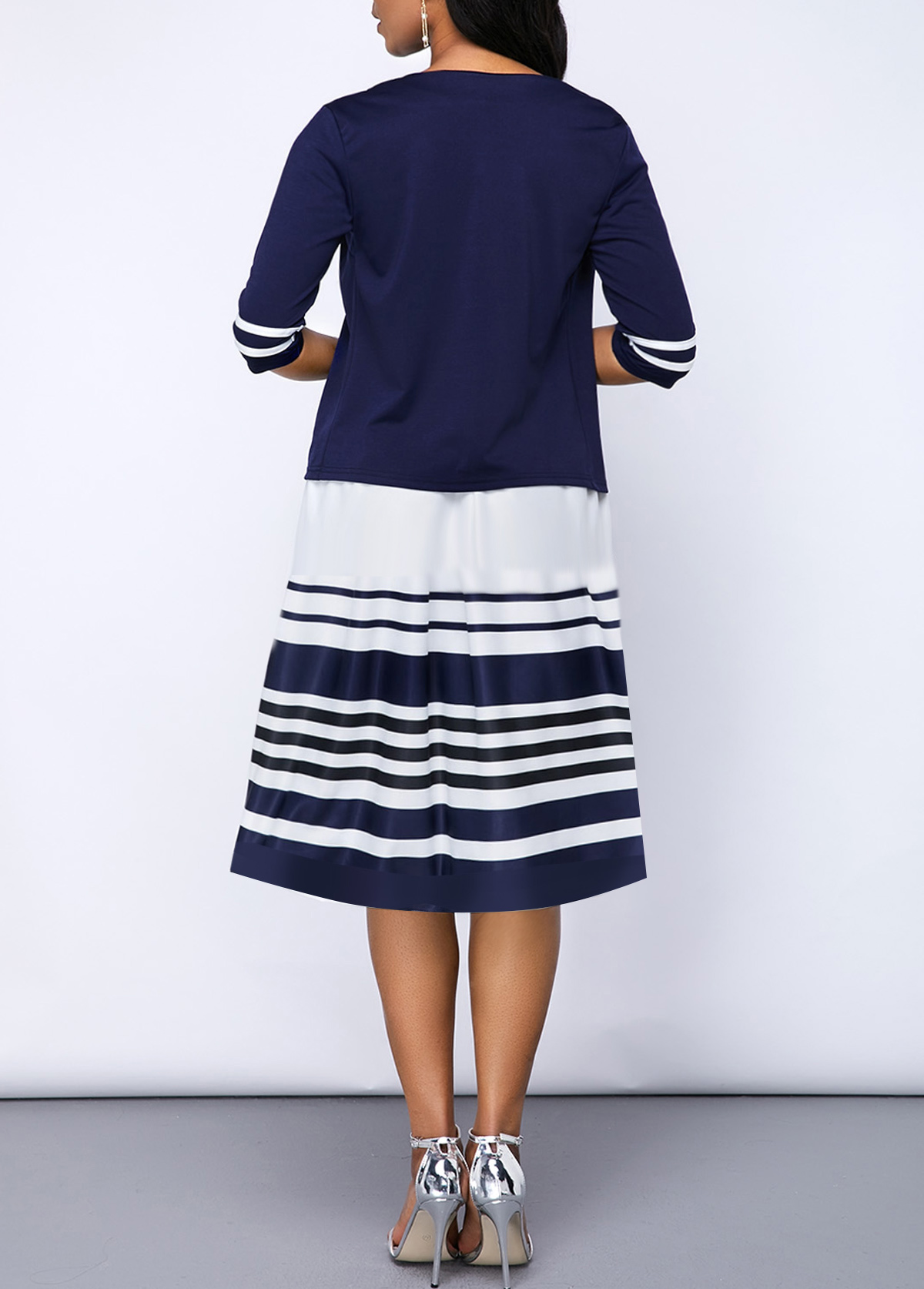 Navy Two Piece Striped Dress and Half Sleeve Cardigan