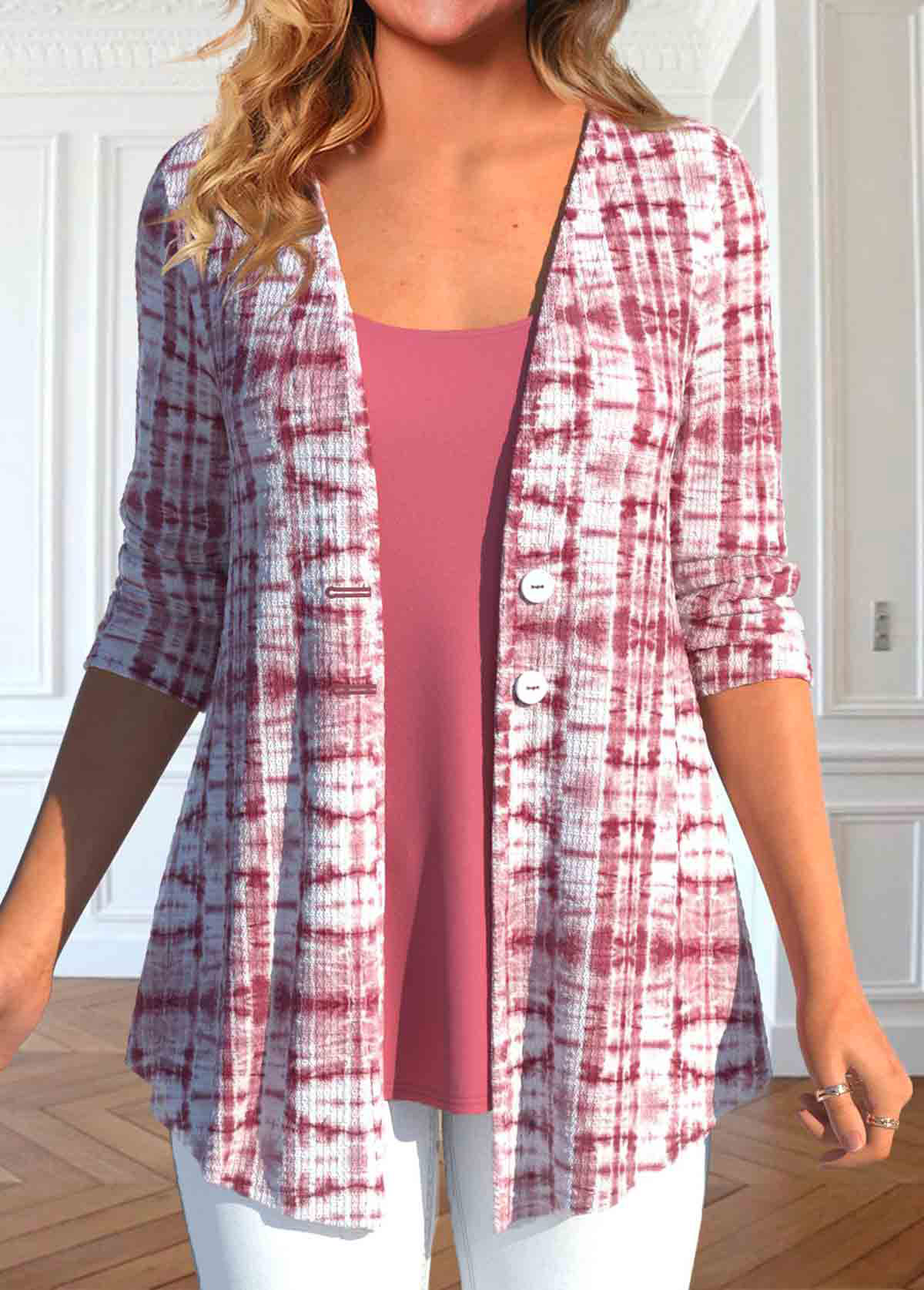 Coral Two Piece Tie Dye Print Tank Top and Cardigan