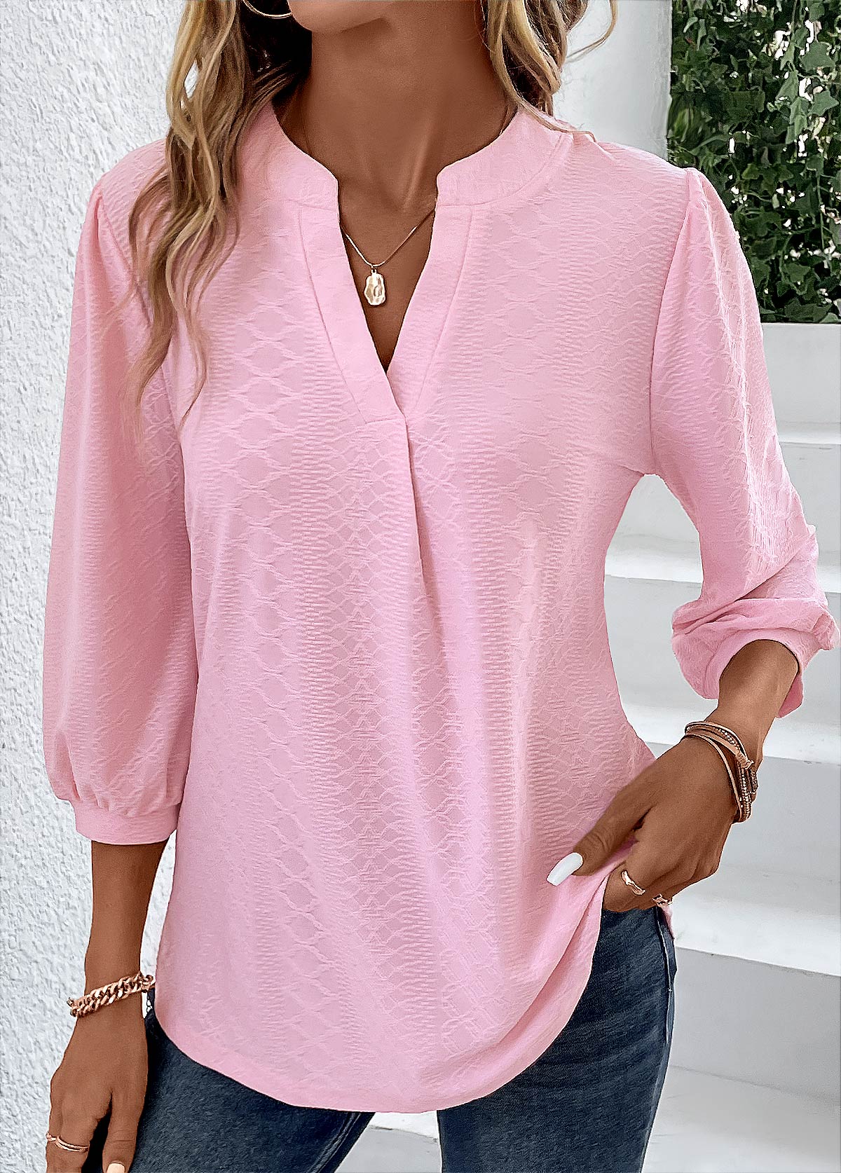 Pink Ruched Three Quarter Length Sleeve T Shirt